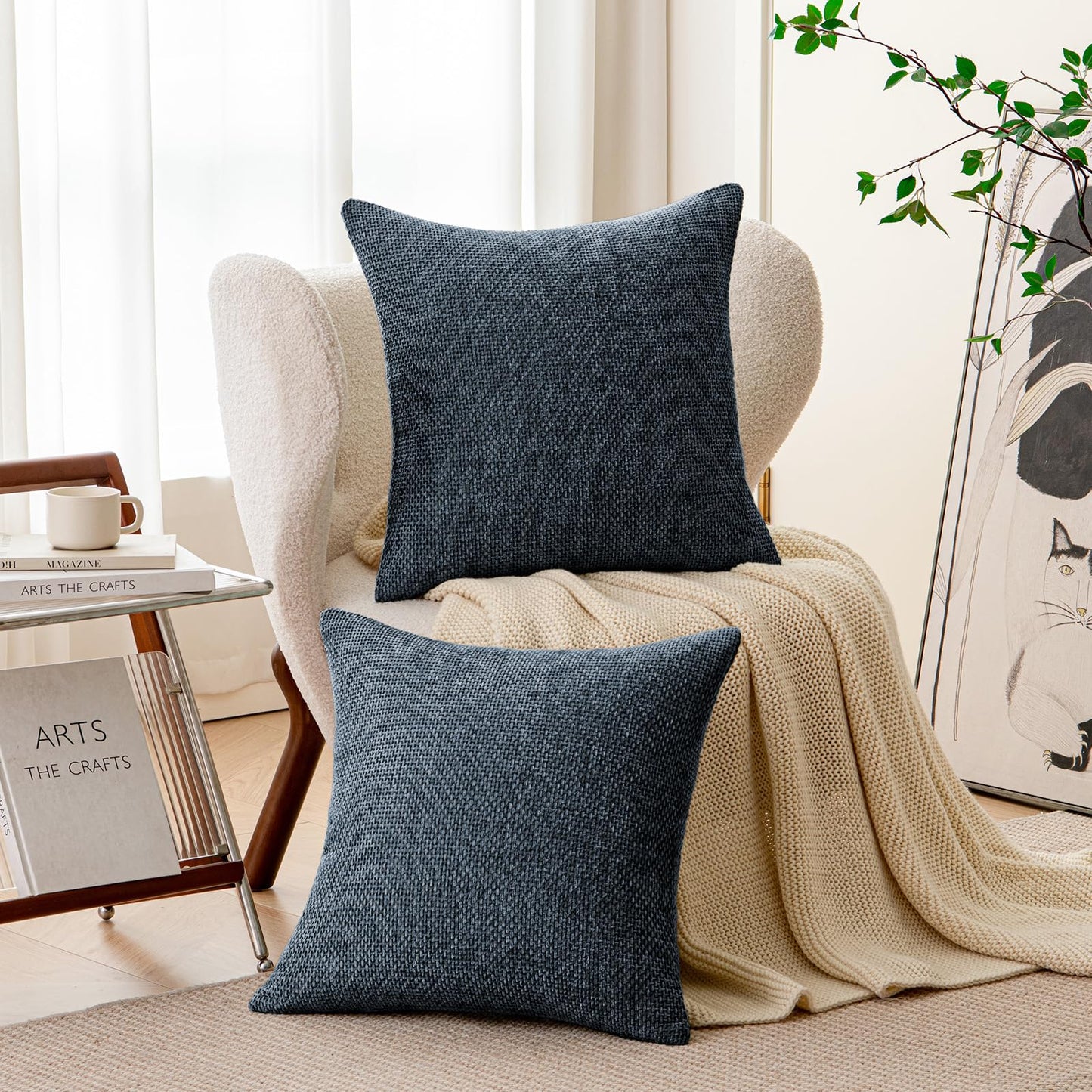 a moment Dark Blue Chenille Throw Pillow Covers 18x18 Inch Pack of 2 Modern Decorative Throw Pillow Covers Farmhouse Cross Covers Home Decor for Sofa Bedroom Living Room