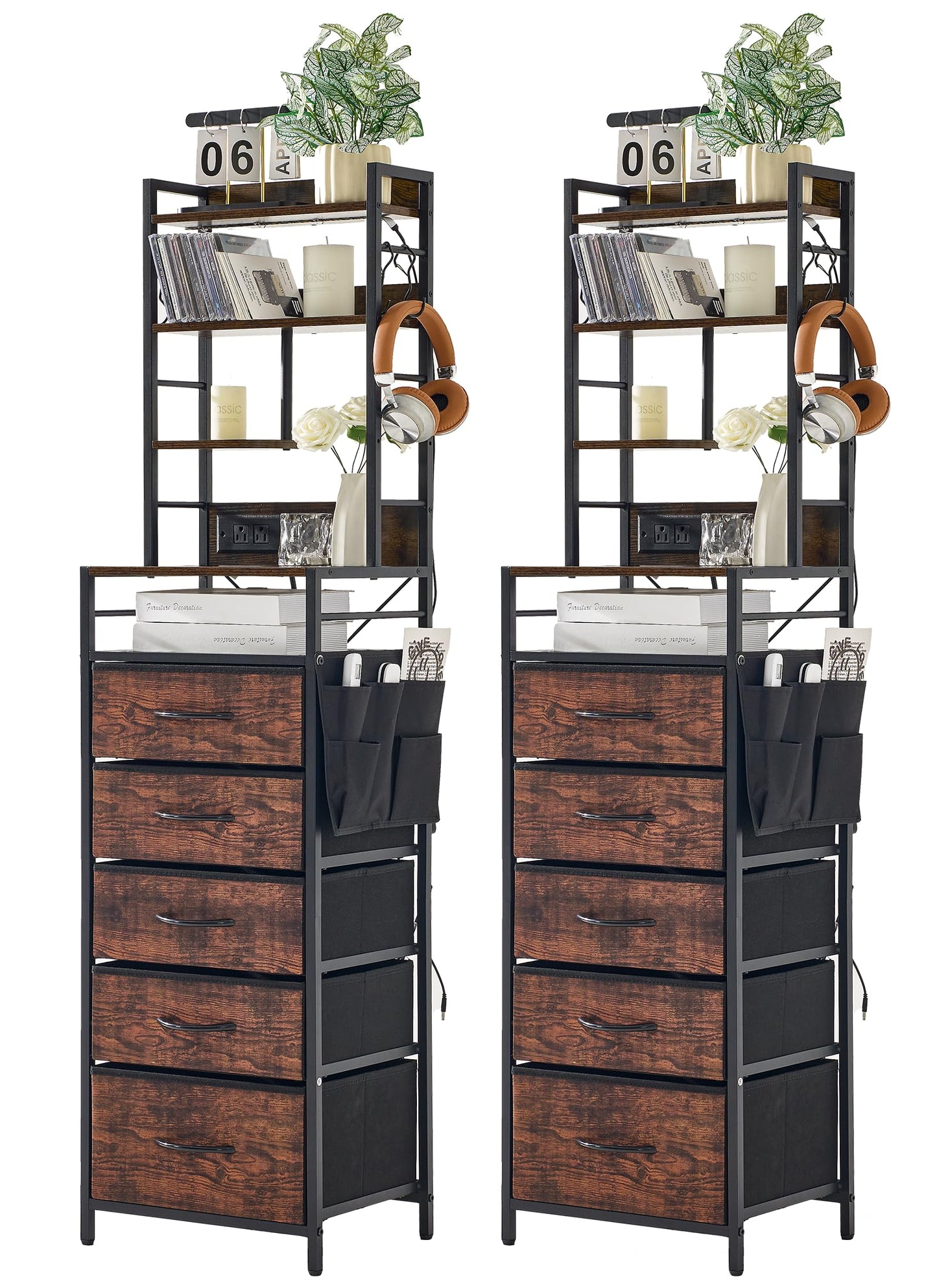Baoz 57" Tall Nightstand Set of 2 with Charing Station & 5 Drawers, Brown