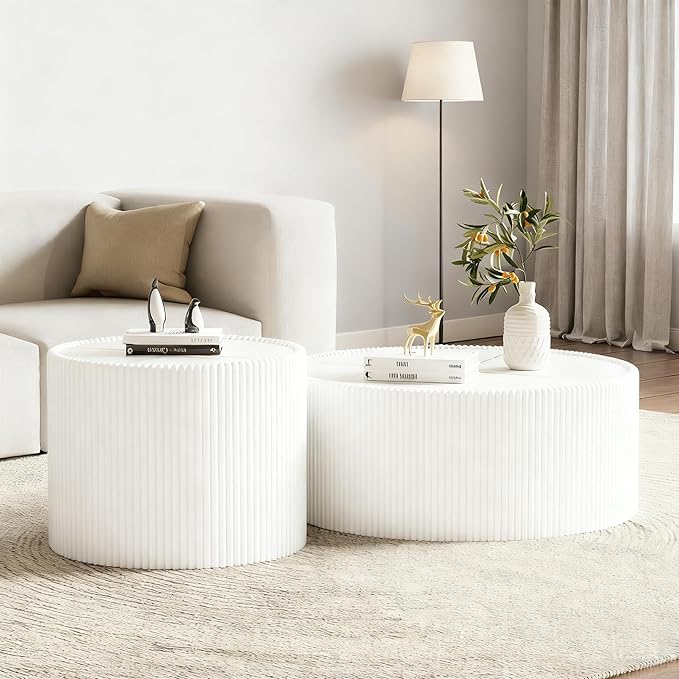 White Marble Coffee Table Set of 2, 29.52" Round Flued Coffee Table and End