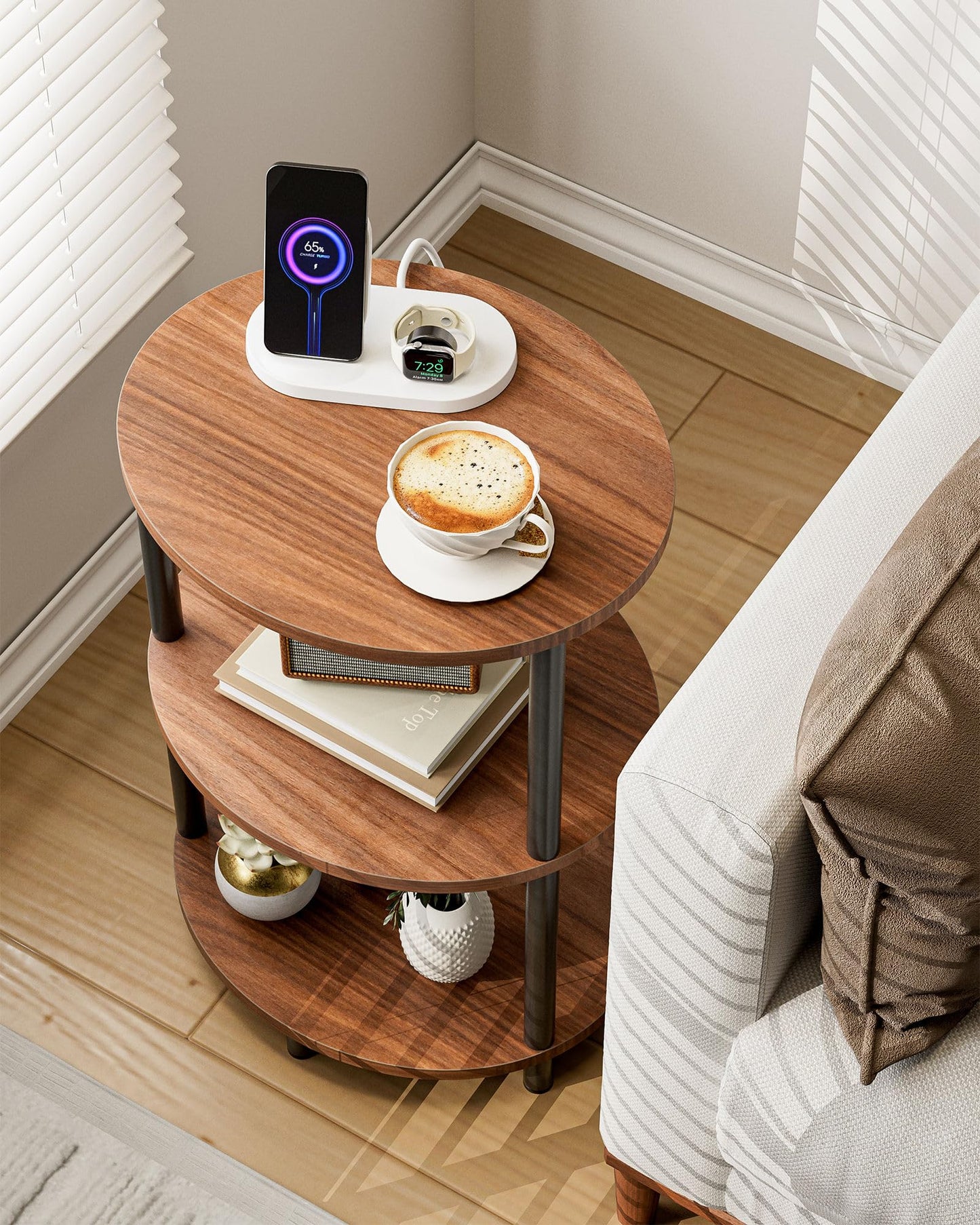 RISWER Small Round Side Table - 3-Tier Oval Accent Table for Small Spaces, Rustic Wood and Metal Nightstand for Living Room or Bedroom, with Built-in USB Ports and Power Outlet, Rustic Walnut