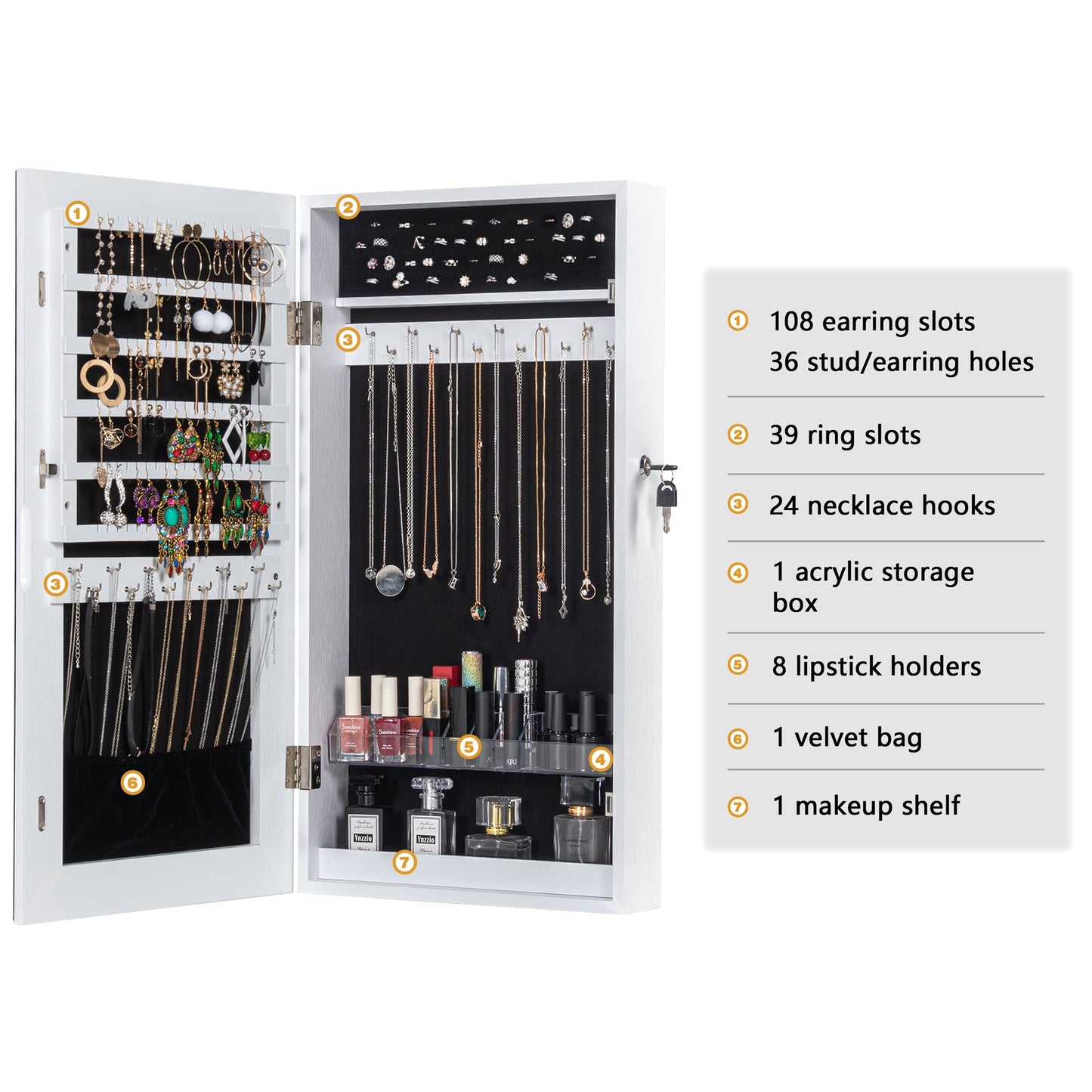 LAVIEVERT Lockable Jewelry Cabinet Armoire with Frameless Mirror, Wall/Door Mounted Space Saving Jewelry Display Organizer with Lipstick Compartments - White