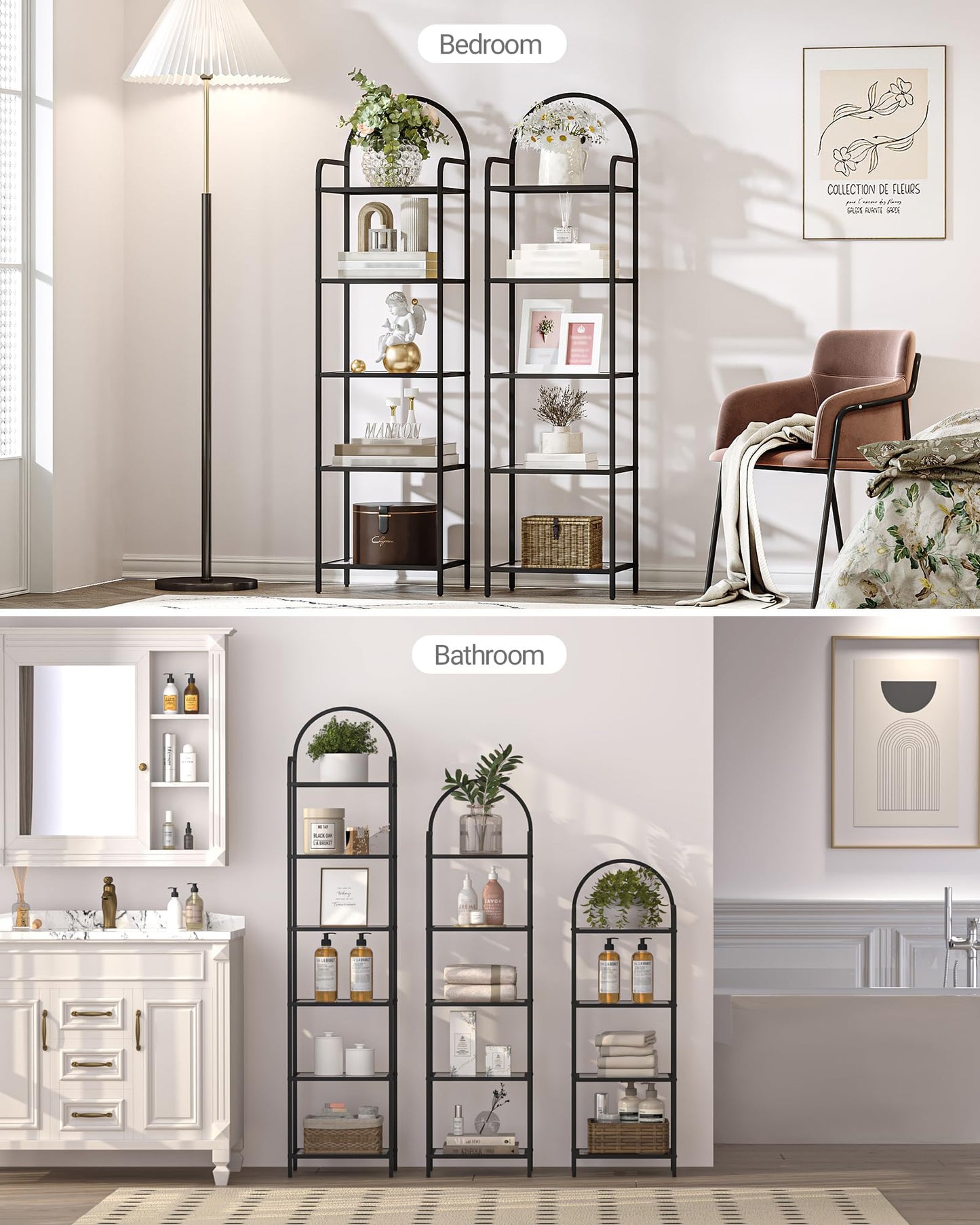 Hzuaneri Bookcase Bookshelf, Tempered Glass Bookshelves, Slim Shelving Unit for Bedroom, Bathroom, Home Office, Steel Frame, 5 Tier Black BC05001B