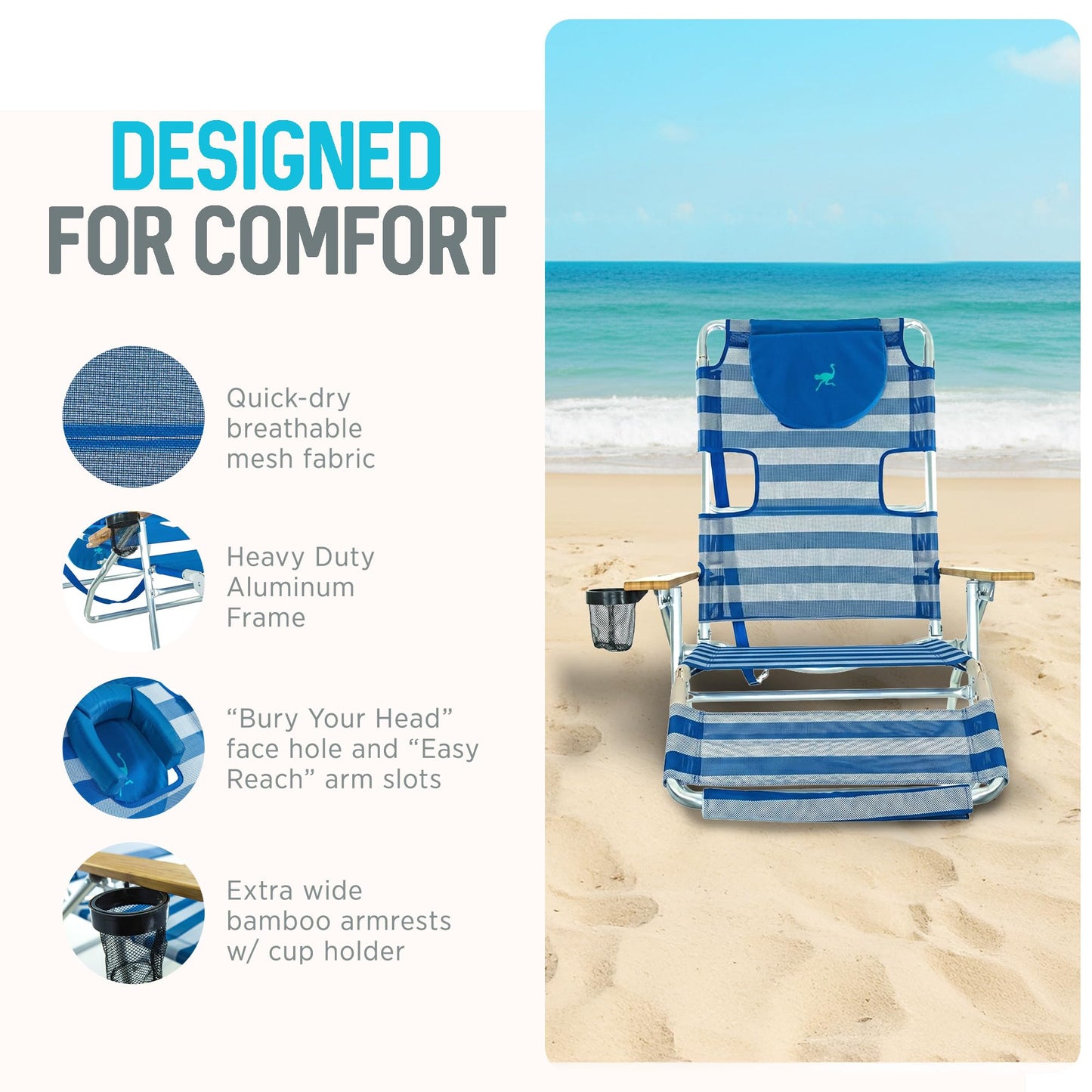 Ostrich the Original 3N1 Lightweight Beach Reclining Lounge Chair with Footrest, Outdoor Furniture for Patio, Balcony, Backyard, or Porch, Blue Stripe