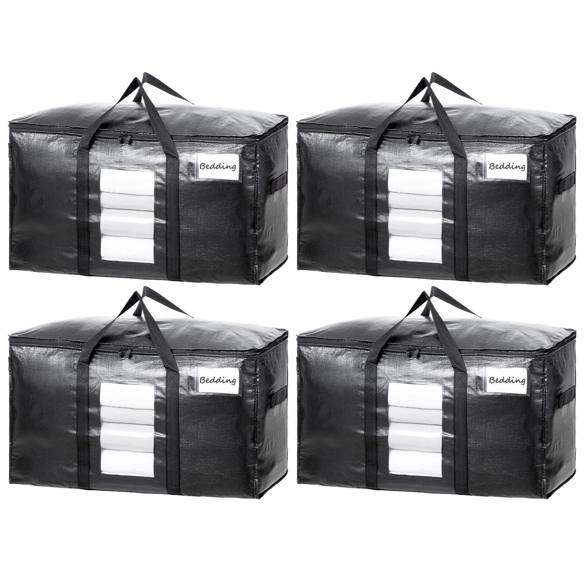 TAILI Extra Large Moving Bags, 4 Pack Black Heavy Duty Totes For Storage with Visible Window, Wrap Around Handles, Storage Bags for Space Saving, Alternative to Moving Boxes