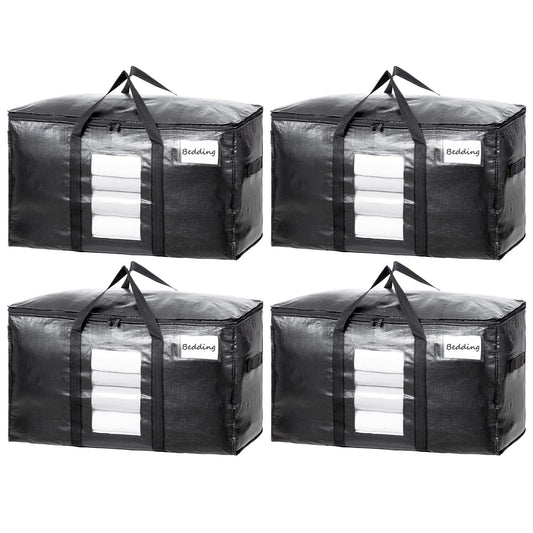 TAILI Extra Large Moving Bags, 4 Pack Black Heavy Duty Totes For Storage with Visible Window, Wrap Around Handles, Storage Bags for Space Saving, Alternative to Moving Boxes