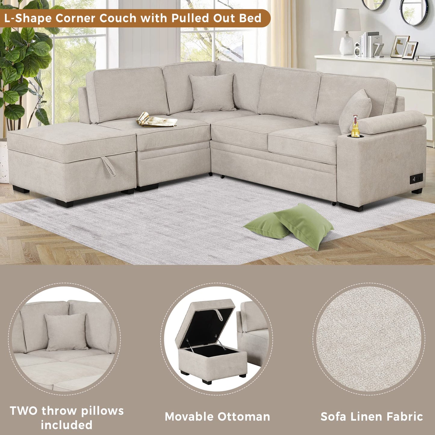 ERYE 84.7-Inch Left Facing Corner Sleeper Sectional Sofa Bed for Living Room Office,L-Shaped Fabric Upholstered Convertible Pull Out Sleeper Couch Bed W/Storage Ottoman