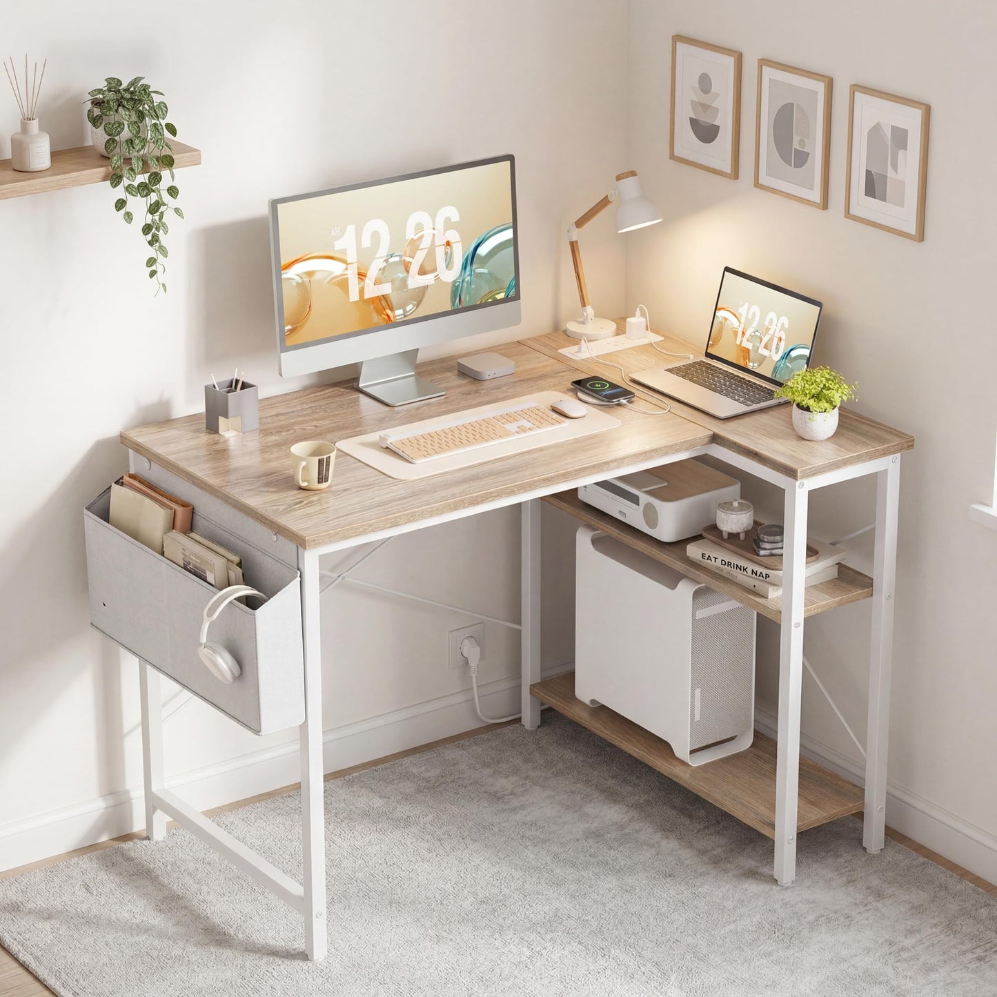 TIQLAB L Shaped Computer Desk with Power Outlets, 40 Inch Small Corner Desk with Reversible Shelves, Gaming Desk Computer Table Study Writing Table for Home Office Bedroom Small Space, Maple