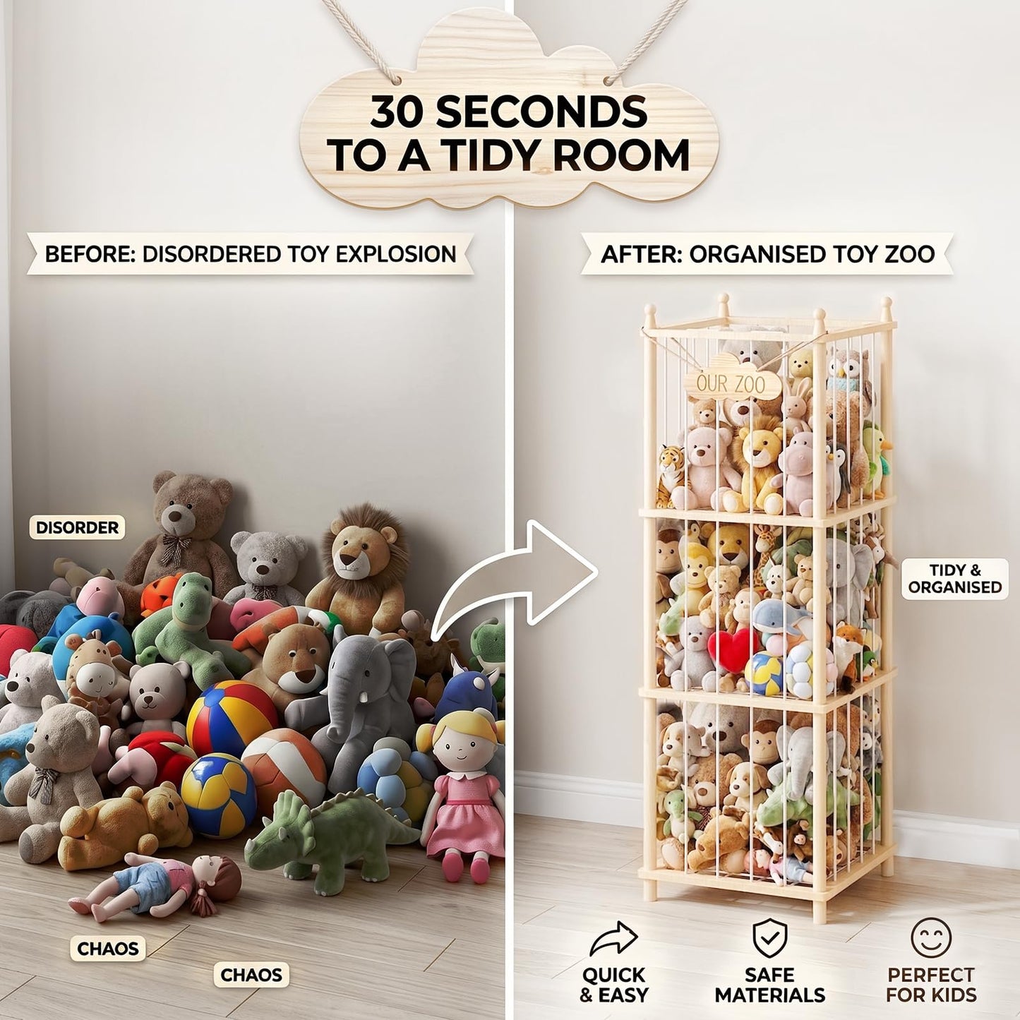 MIRCNY Stuffed Animal Storage Zoo - 54 Inch Large Wooden Toy Organizer | Anti-Tip Design Plushie Storage Rack for Nursery & Playroom | Easy Assembly