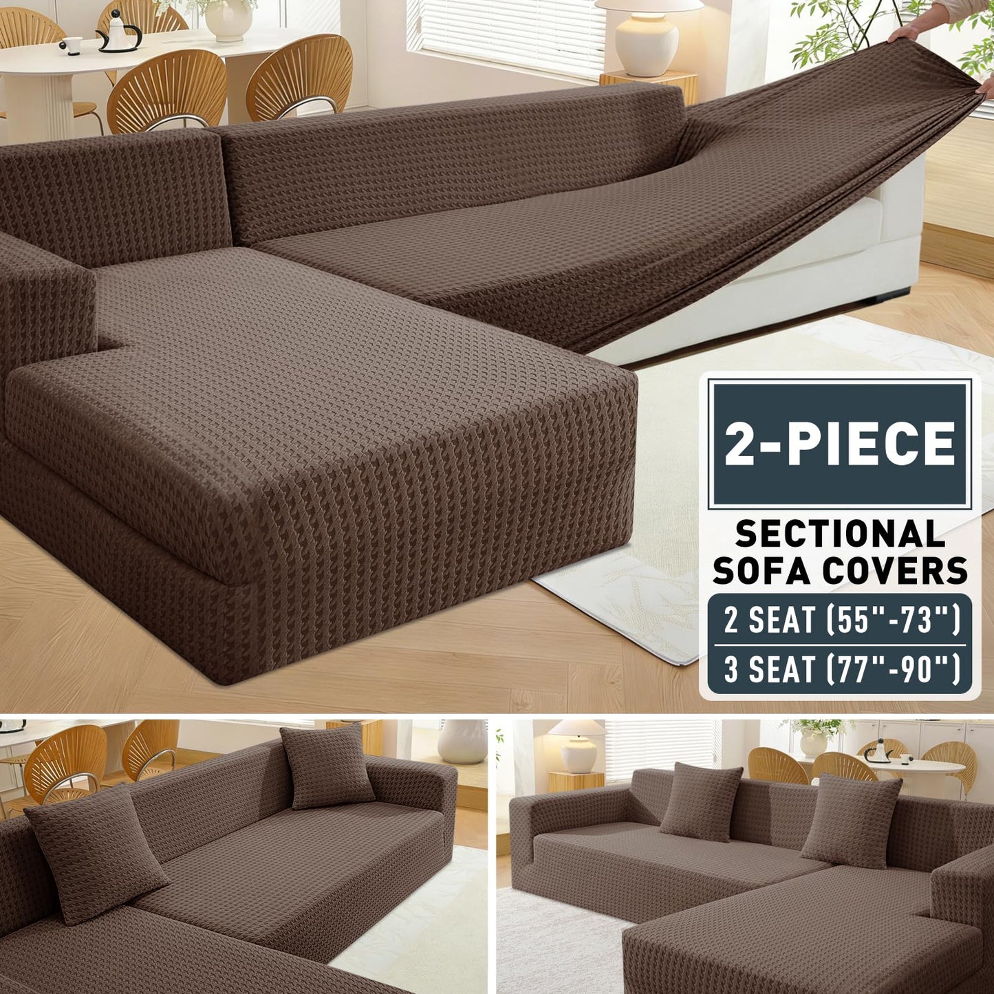 ZNSAYOTX Stretch Sectional Couch Covers New-Houndstooth Texture, Thick Slipcovers with Elastic Bottom for L Shape Sectional Sofa, 2 Pcs Pet Friendly Universal Protector (Chaise or Sofa), Brown