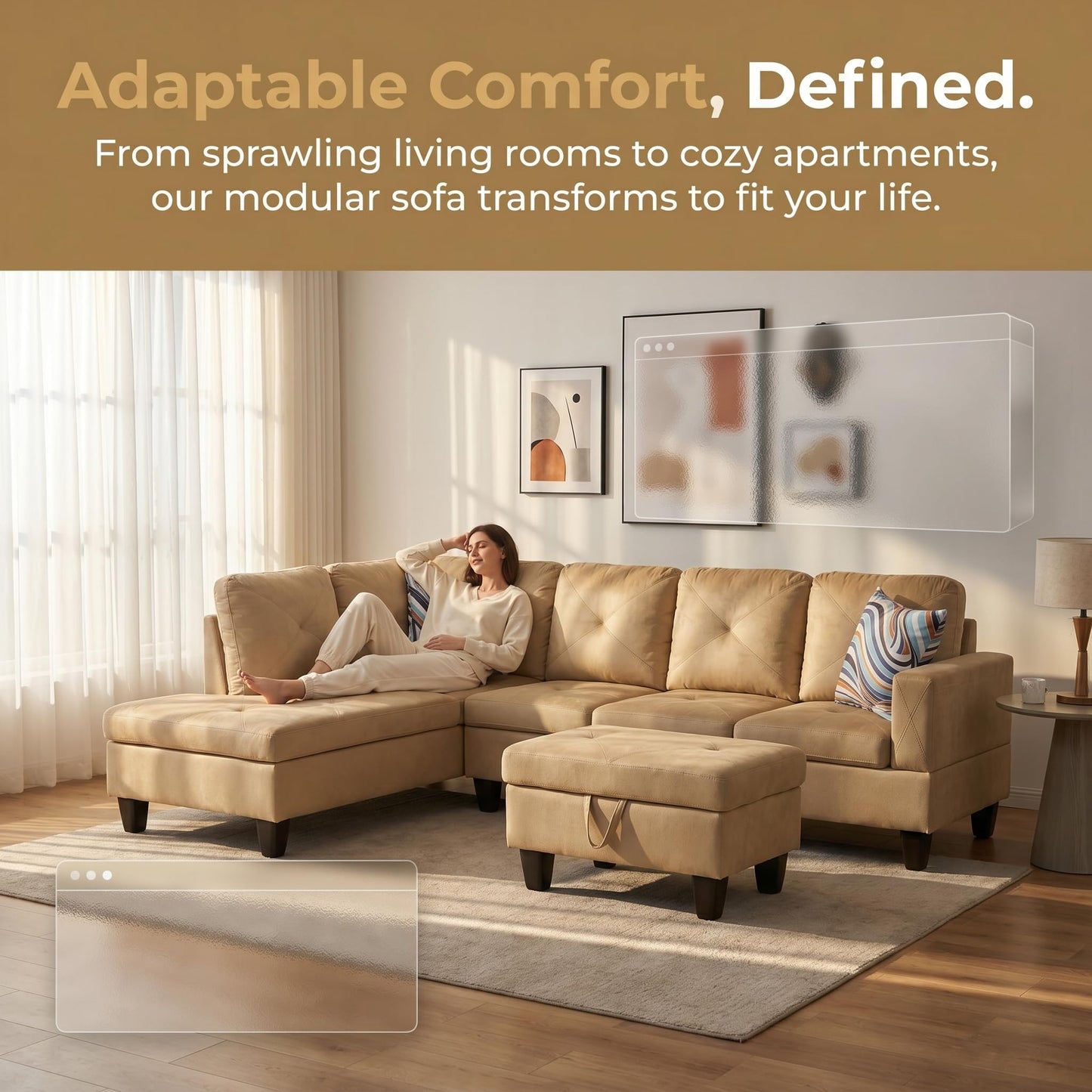 Trygoal 3-Piece L-Shaped Modular Leather Sofa – Convertible Sectional Couch with Movable Chaise & Storage Ottoman, Multi-Scene Use for Living Room, Apartment & Office, Beige