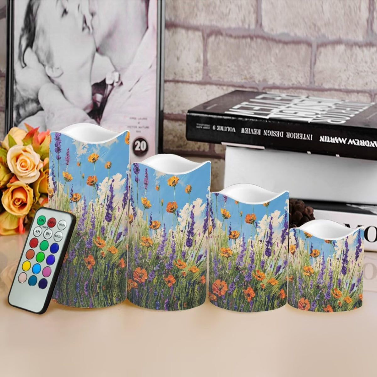 Cozeyat Meadow Floral Flameless Candles 4 Pack Battery Operated LED Pillar Candles with Remote Control Timer Color Changing for Wedding Birthday Home
