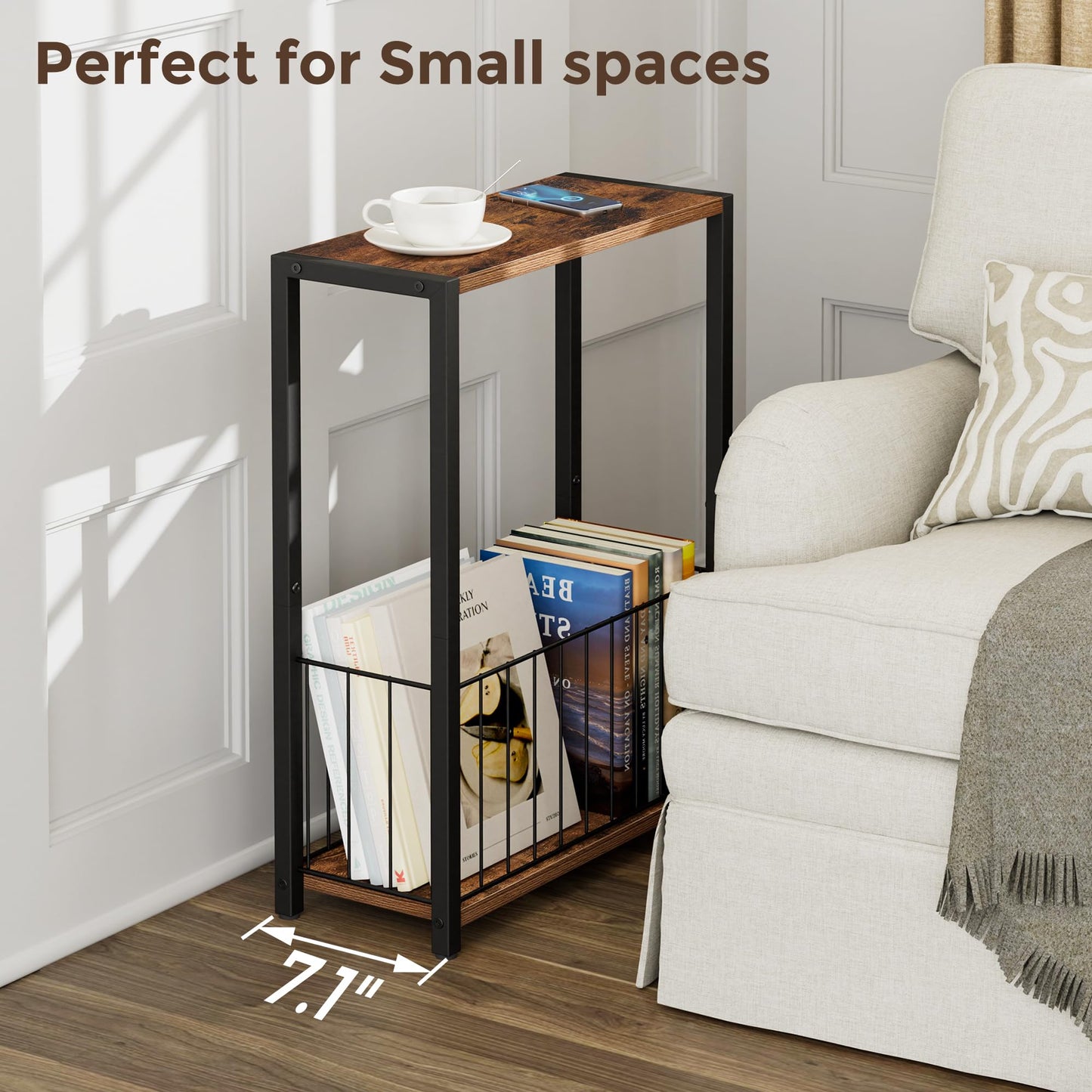Homleke Narrow Side Table with Magazine Holder, Skinny End Table Perfect for Small Spaces, Space-Saving Design for Living Room, Bedroom, or Office, 7.1" D x 16.9" W x 23.6" H, Rustic Brown