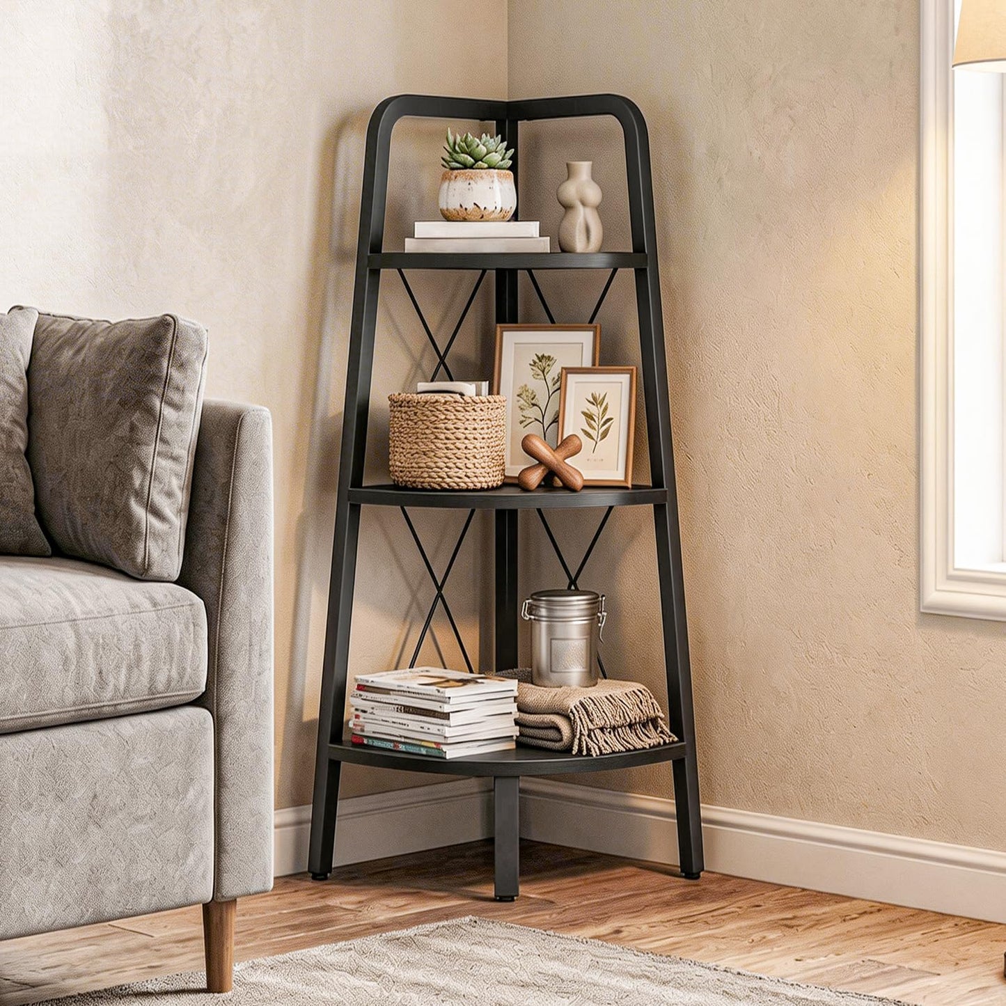 HOOBRO Corner Shelf, 3-Tier Corner Shelf Stand, 40" Tall Ladder Bookshelf, Industrial Corner Display Shelf Plant Stand for Living Room, Kitchen, Home Office, Black BB143CJ01