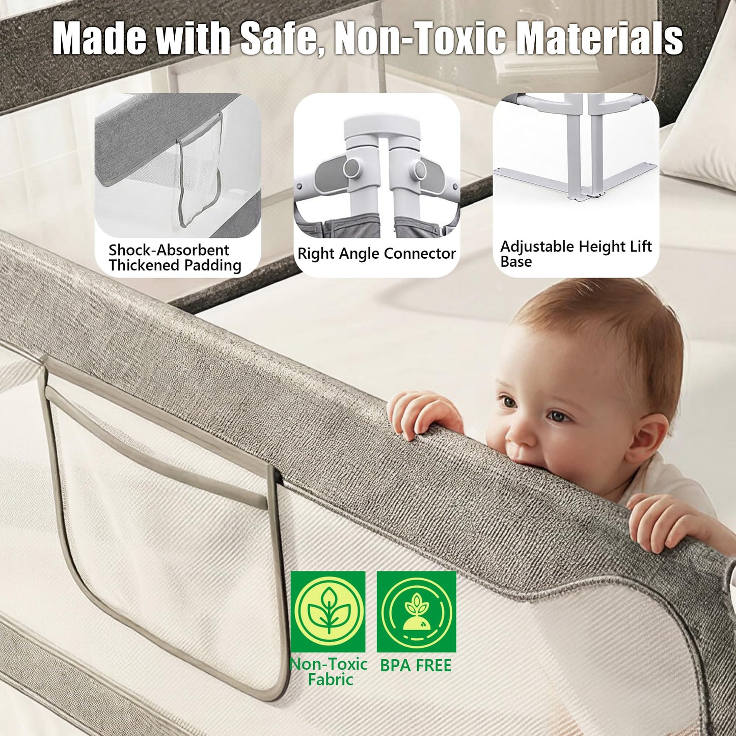 NurturaNook Twin Size Baby Bed Rail Guard – Extra Tall Safety Bedside Rail with Headboard Rod for Toddlers, Adjustable No-Gap Design, 3 Panels (2×74.8″ + 1×39.3″), Gray