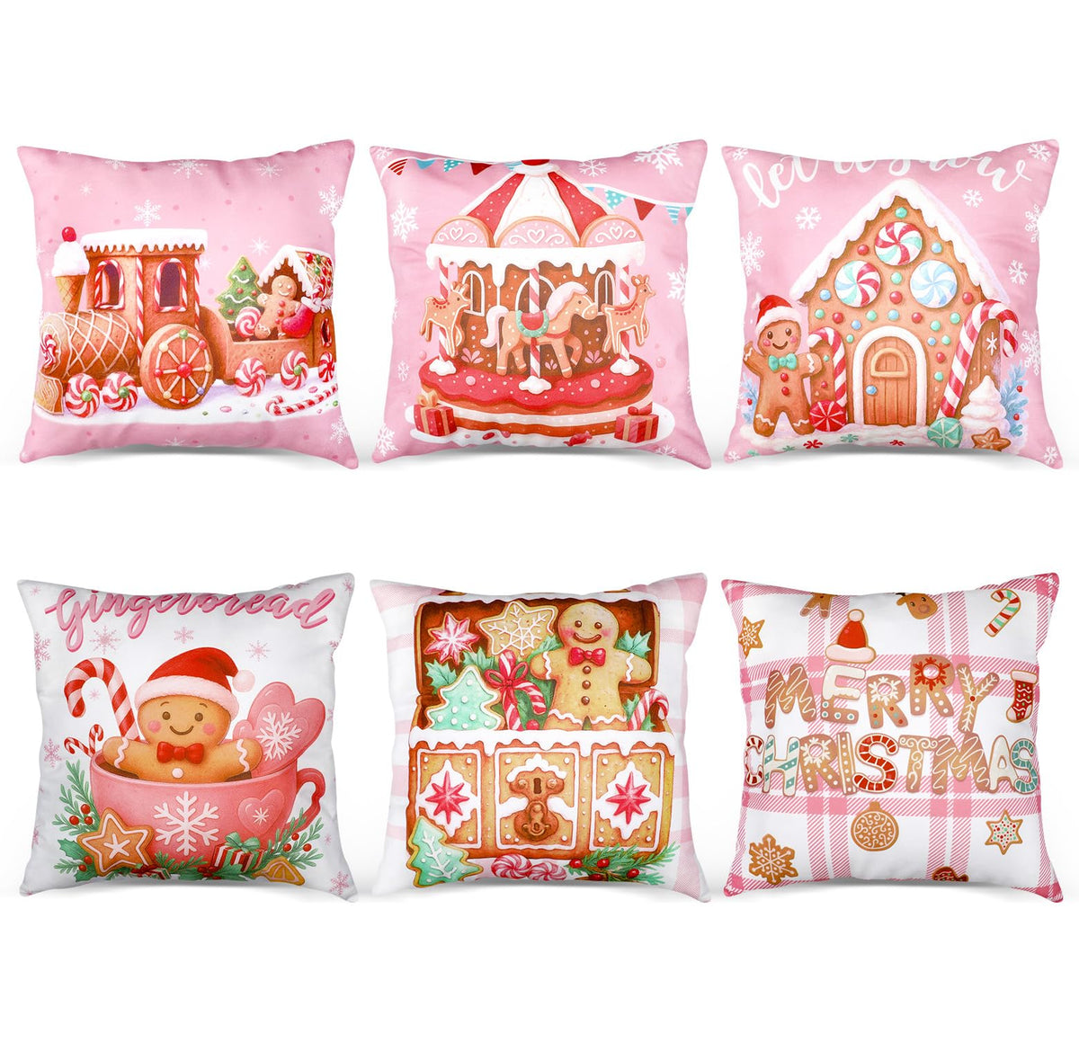 Fanfanwin 6 Pcs Pink Christmas Gingerbread Throw Pillow Covers 18 x 18 Inch Gingerbread House Truck Hot Cocoa Pink Christmas Decorative Pillow Cases for Xmas Sofa Couch Decor(Novel)