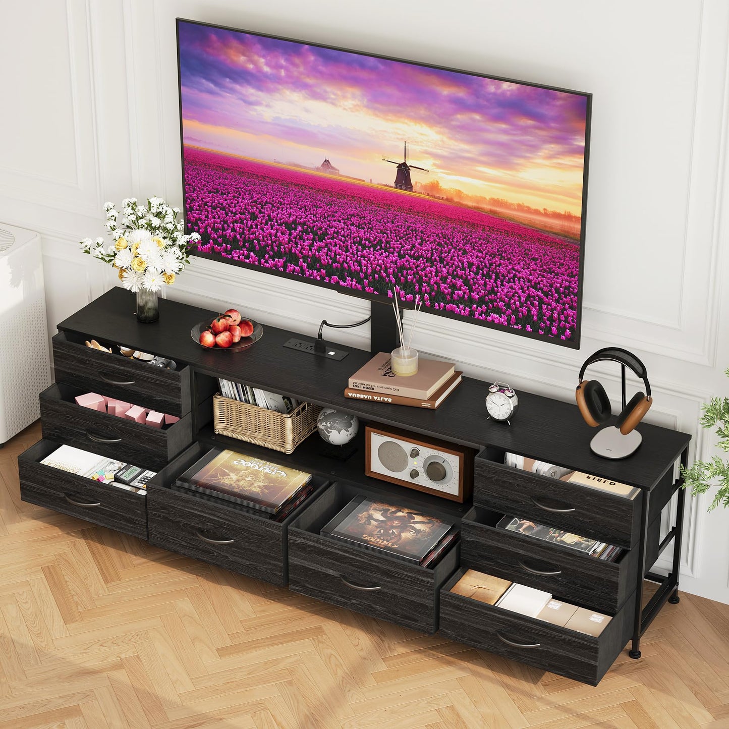 Welfuturer Large TV Stand with Power Outlet and LED Lights, Entertainment Center with 8 Drawers and TV Mount, Rustic Wood Media Console Table with Storage for Living Room, Bedroom (Black)