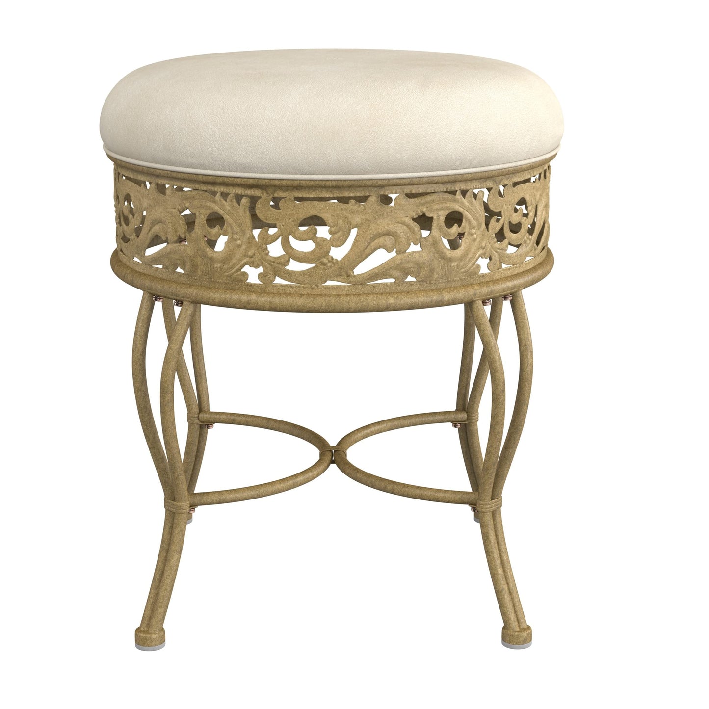 Hillsdale Villa III Backless Metal Vanity Stool with Ornate Lattice Detailing, Antique Beige