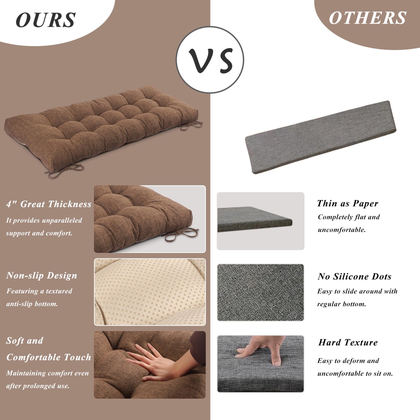 FlyGulls Bench Cushion for Indoor Furniture 48x19 inch Rectangle Bench Seat Cushion for Bay Window Entryway Bench Thick Textured Chair Cushion with Non-Slip Backing 1 Pack, Light Brown