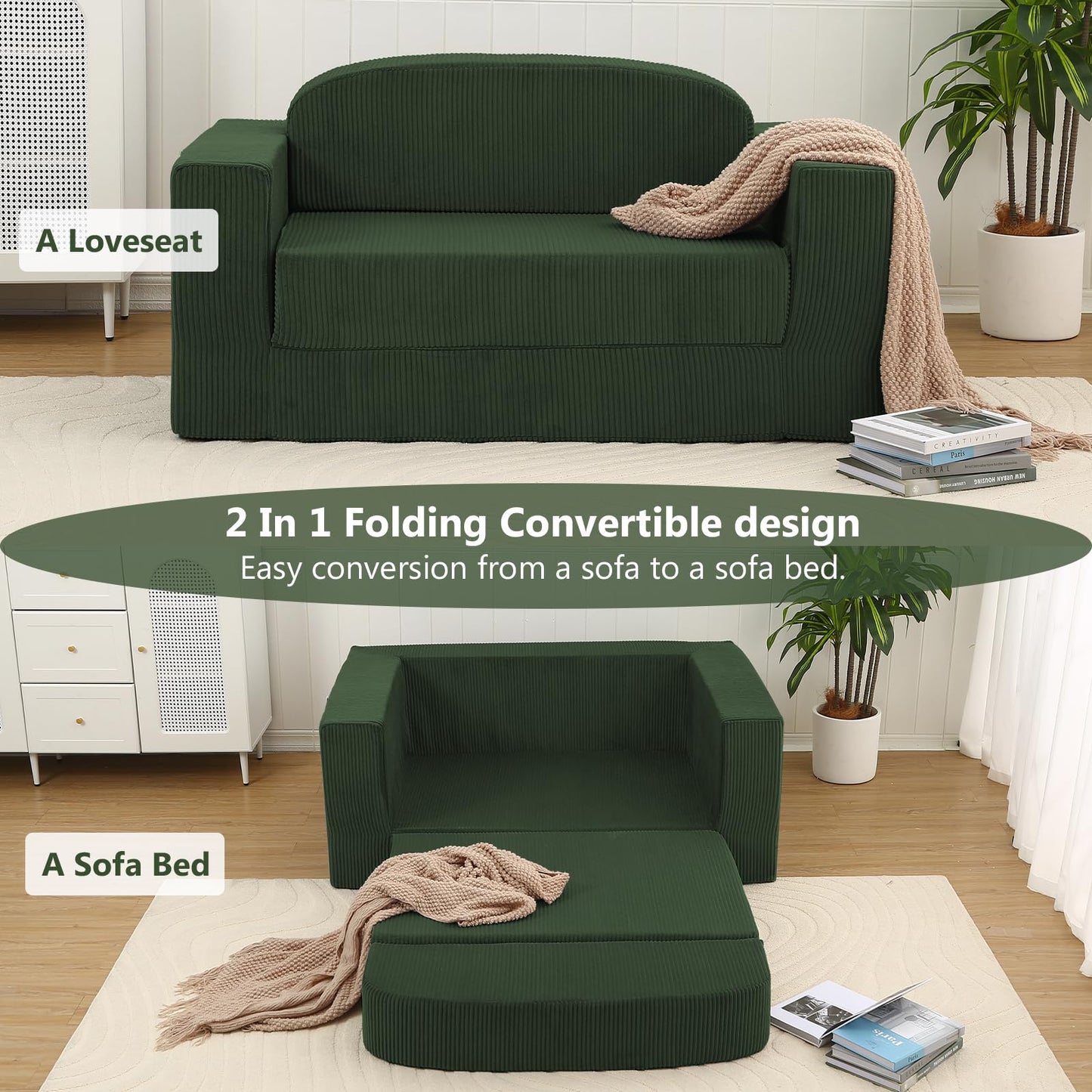 MeMoreCool Green Corduroy Fold-Out Loveseat Sofa Bed – Boneless Convertible Floor Couch with Foam, Compact Sleeper Futon with Washable Cover, No Assembly Required for Small Spaces & Bedroom