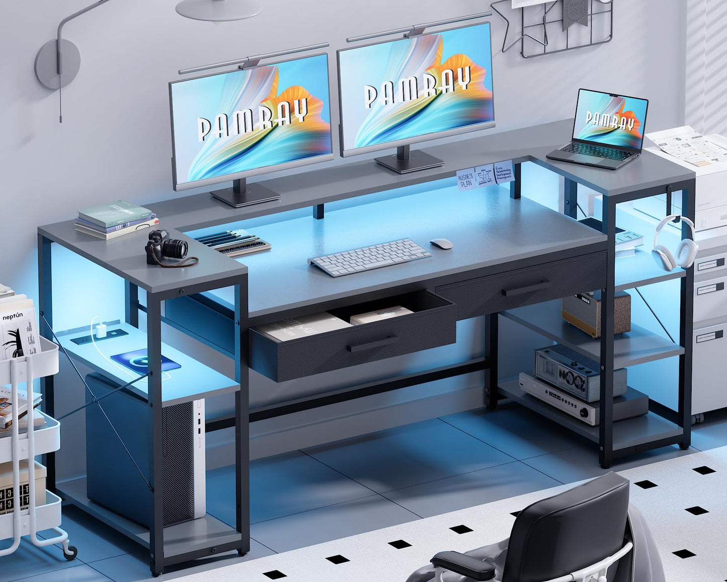 Pamray 58 Inch Computer Desk with Monitor Stand and Shelves Gaming Desk with LED Lights & Power Outlets PC Vanity Table with 2 Drawers for Home Office Grey