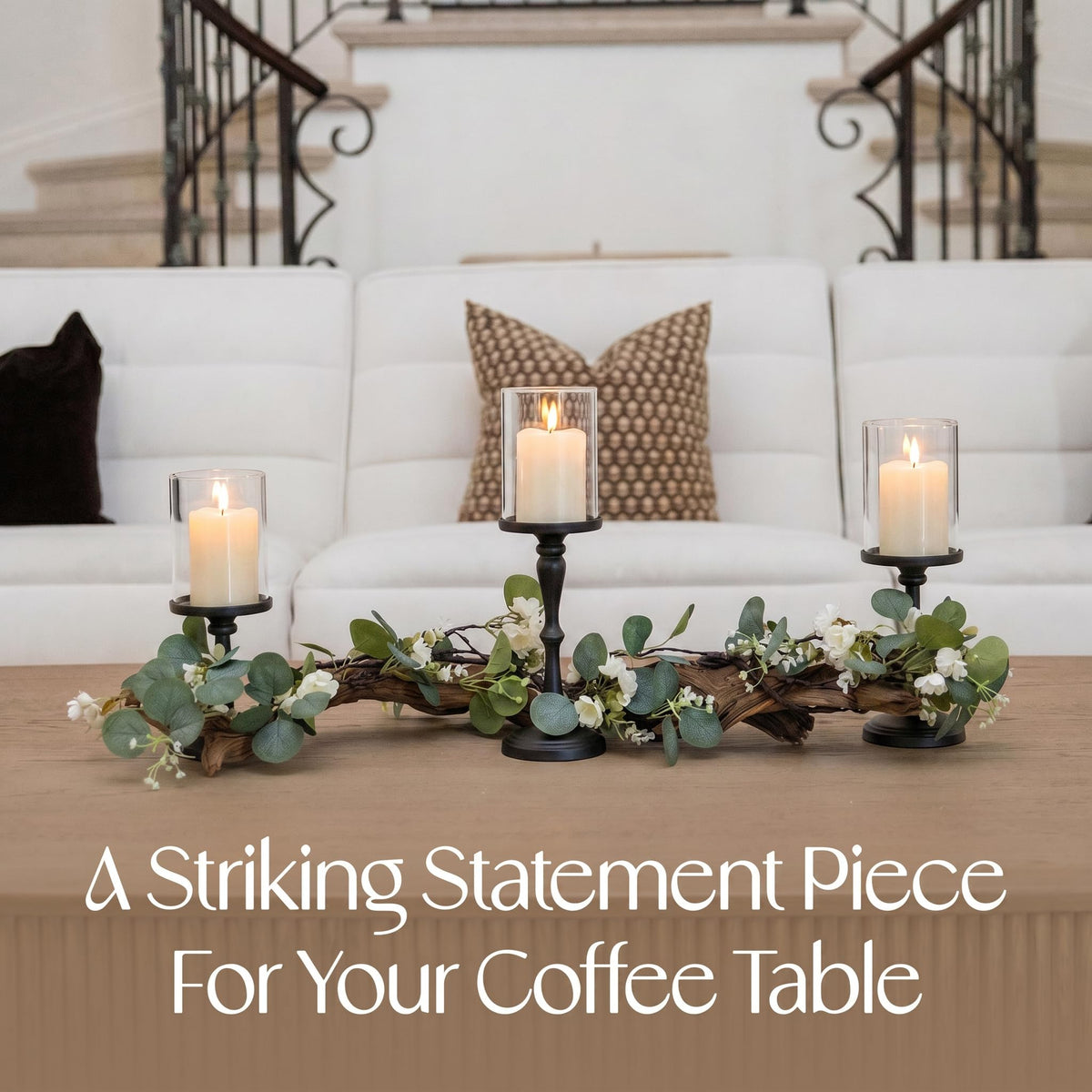 Eucalyptus Table Centerpiece with Candle Holders, Farmhouse Dining Table Decor, Rustic Greenery Centerpiece for Coffee Table, Mantle, Entryway, Wedding & Home Decor (Black)
