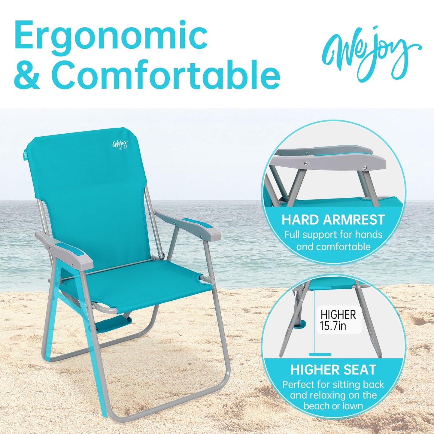 #WEJOY Tall Folding Beach Chair for Adults, Lightweight Beach Chair with Shoulder Straps, High Back Camping Chairs with Hard Armrest, Supports 300lbs for Outdoor Lawn Concert (Cyan)