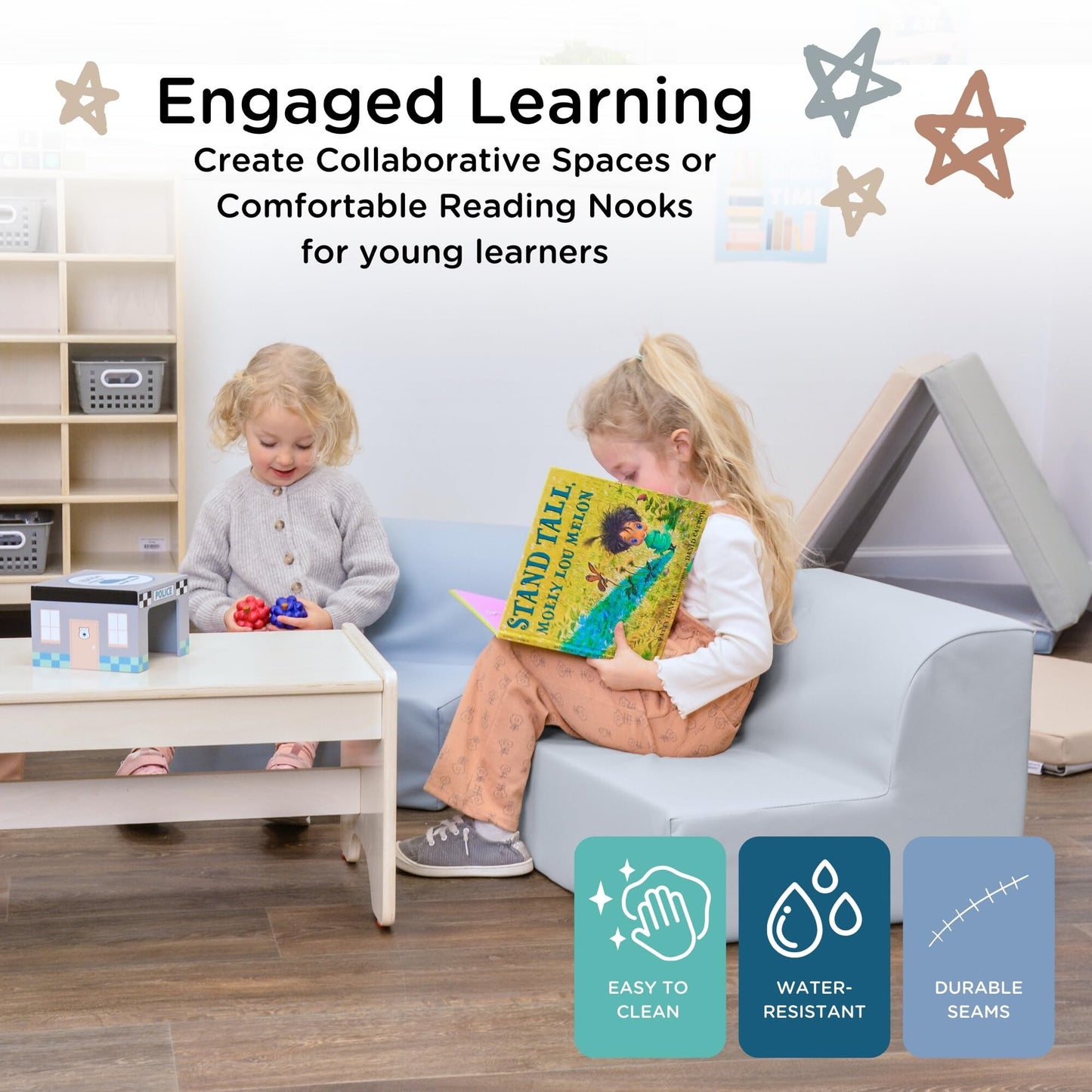 Children's Factory Library Lounger, Flexible Seating Classroom Furniture, Comfy Kids Chairs, Fog Blue, Single Lounger