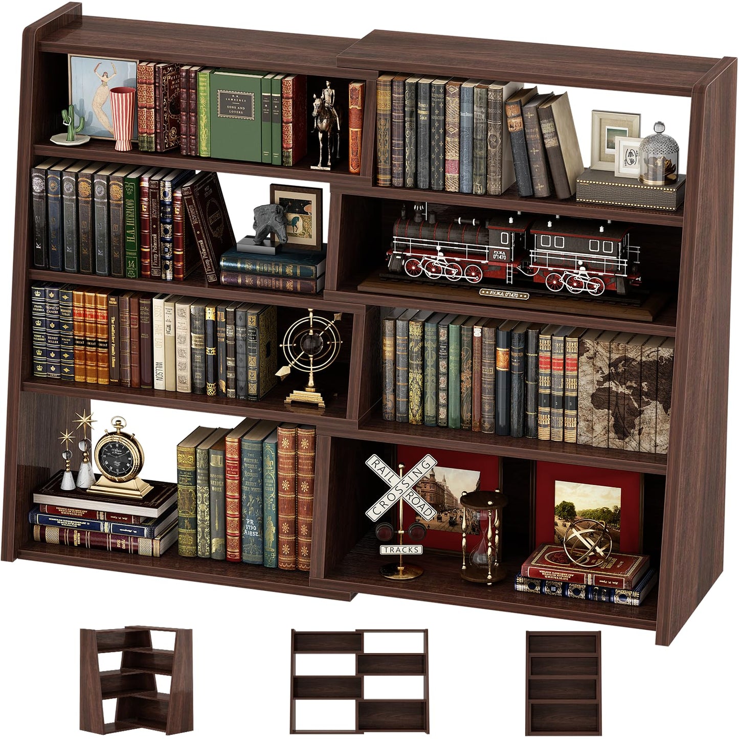 Armocity Expandable Bookshelf, Short Corner Bookshelf for Small Spaces, Small Ladder Book Shelf, Extendable Wood Narrow Bookcase for Living Room, Bedroom, 5 Tier, Black Walnut