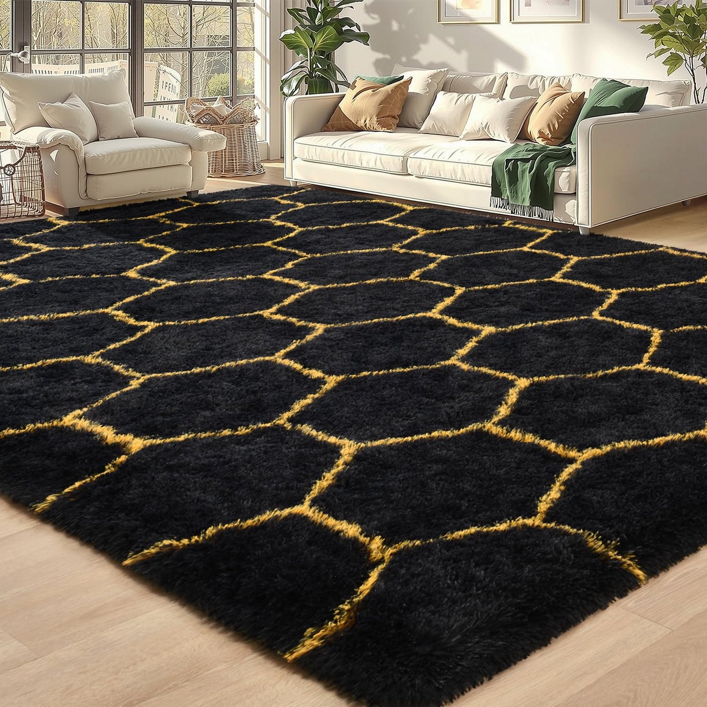 Meralax Hexagon Gold/Black Rugs for Living Room Bedroom, 4x6 Soft Area Rug Fluffy Shaggy Bedside Rug, Machine Washable Indoor Floor Carpet for Kids Boys, Dorms, Nursery Rooms, Home Decor Aesthetic