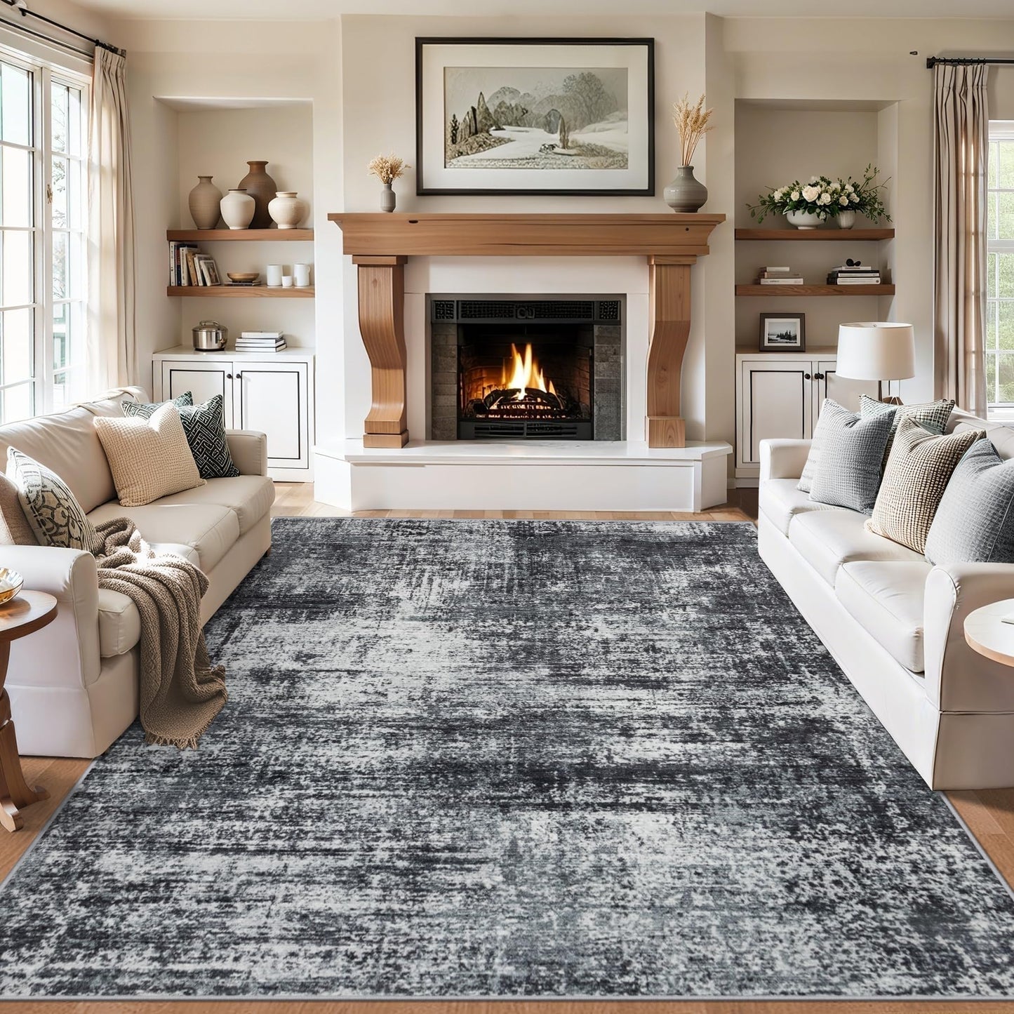 8x10 Area Rugs for Living Room - Washable Rug Modern Abstract Soft Large Neutral Non-Slip Carpet Indoor Floor Thin Carpets for Bedroom Dining Room Farmhouse Nursery Home Office Dark Black