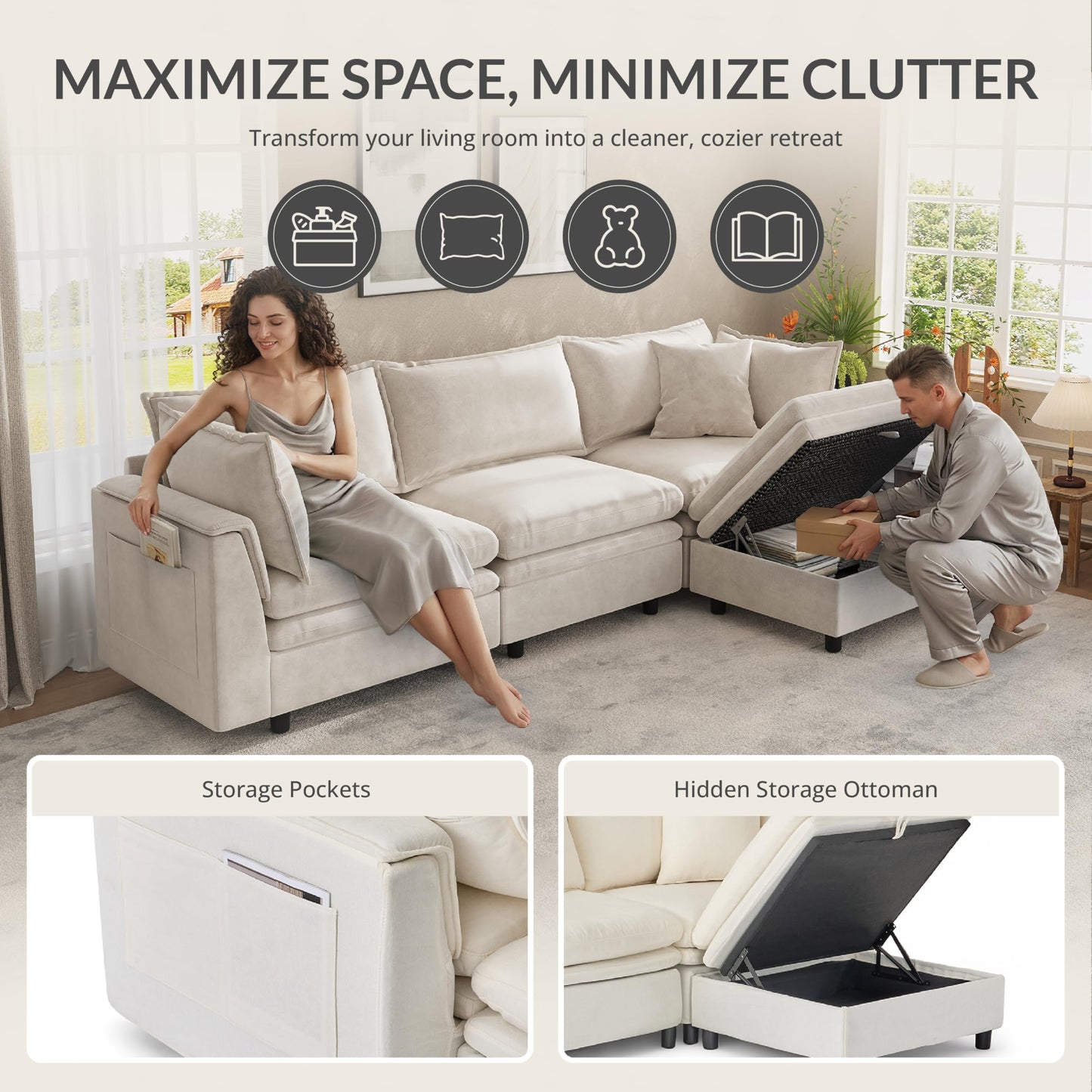 Attalee Single Armchair with Storage Ottoman, Modern Chenille Deep Seat Cloud Couch with Convertible Chaise, Upholstered Sofa Set for Living Room and Bedroom, Beige