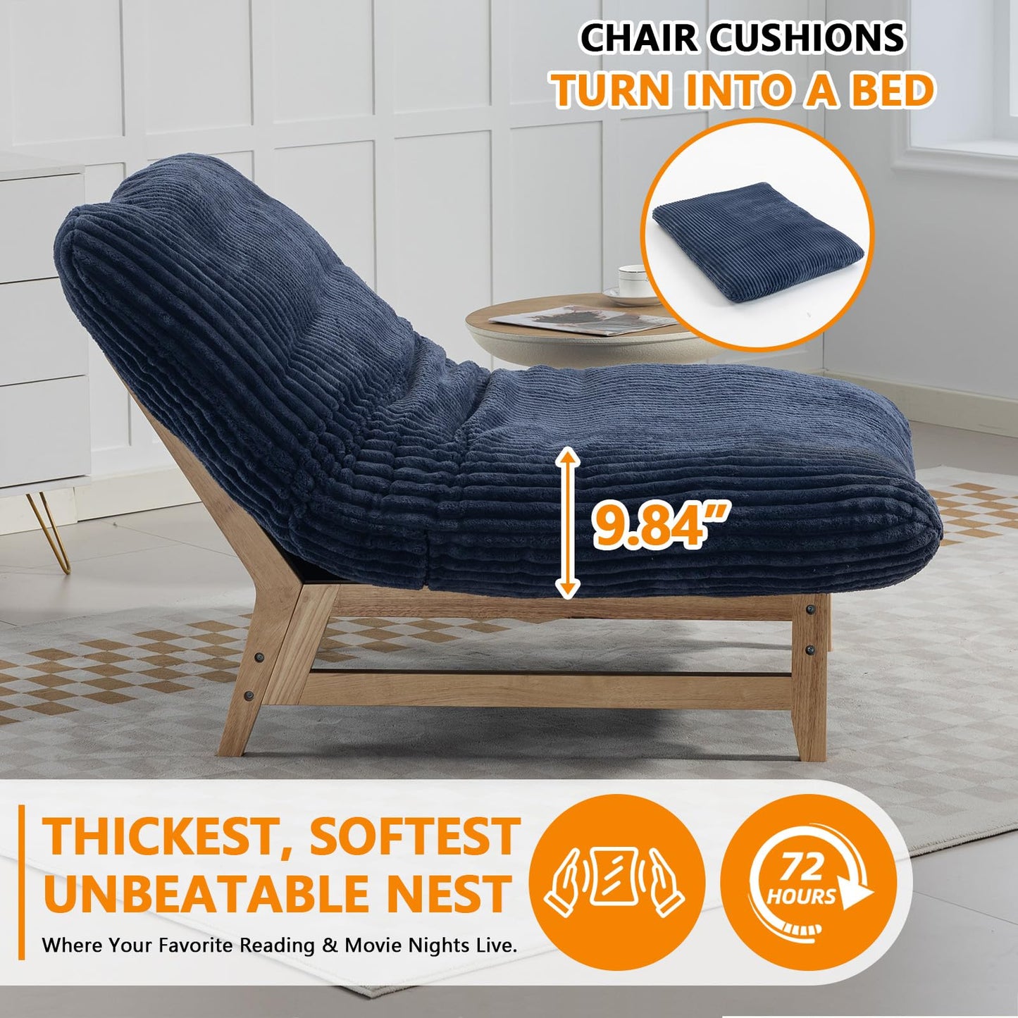 Comfy Reading Chair& Cloud Lounge Chair for Adults, Big Comfy Chair for Living Room Bedroom, Oversized|Giant|Cozy|Corduroy|Wood Frame (Blue)