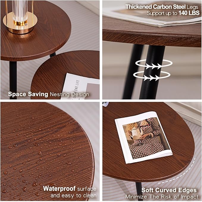 2 Pcs Small Oval Coffee Table, 31.5" Retro Walnut Coffee Tables Nesting Tables