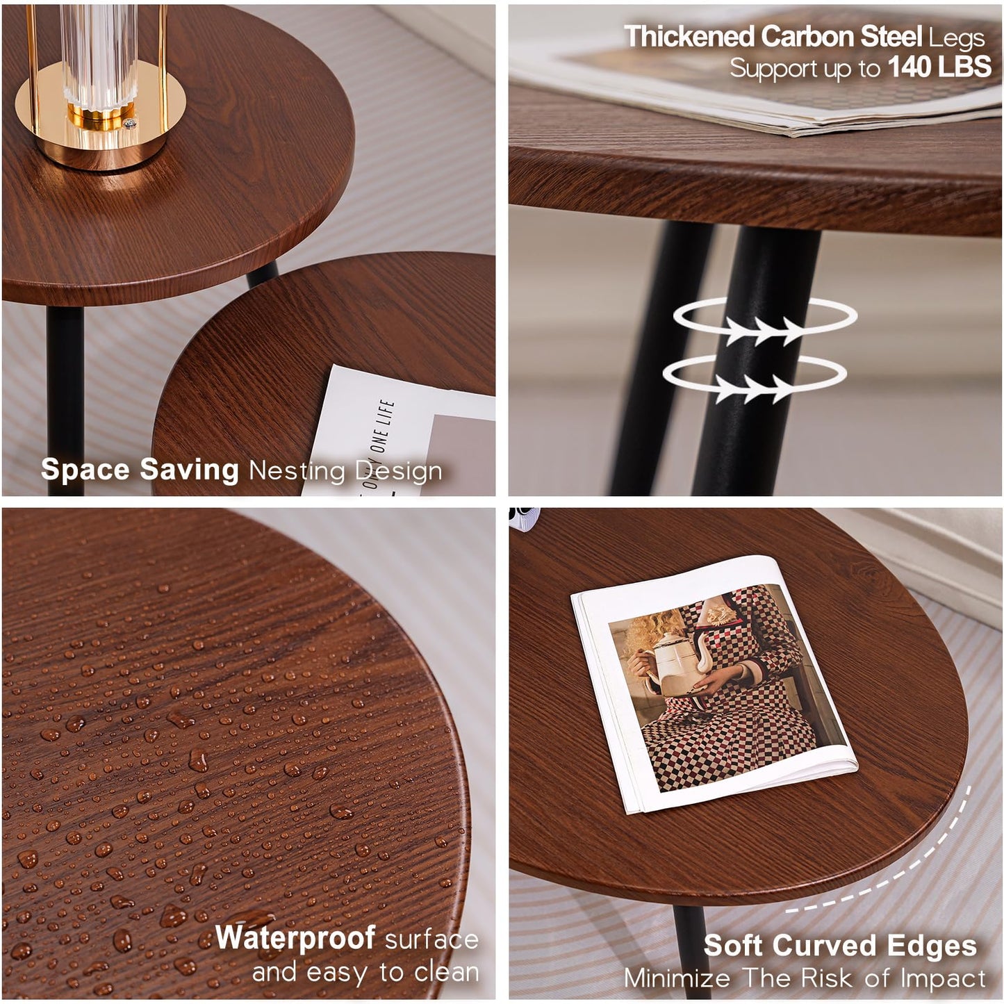Semjar 2 Pcs Small Oval Coffee Table,31.5" Retro Walnut Coffee Tables Nesting Tables Set,Easy Assembly Mid Century Modern Coffee Tables for Living Room Office,Coffee Table and End Table Sets