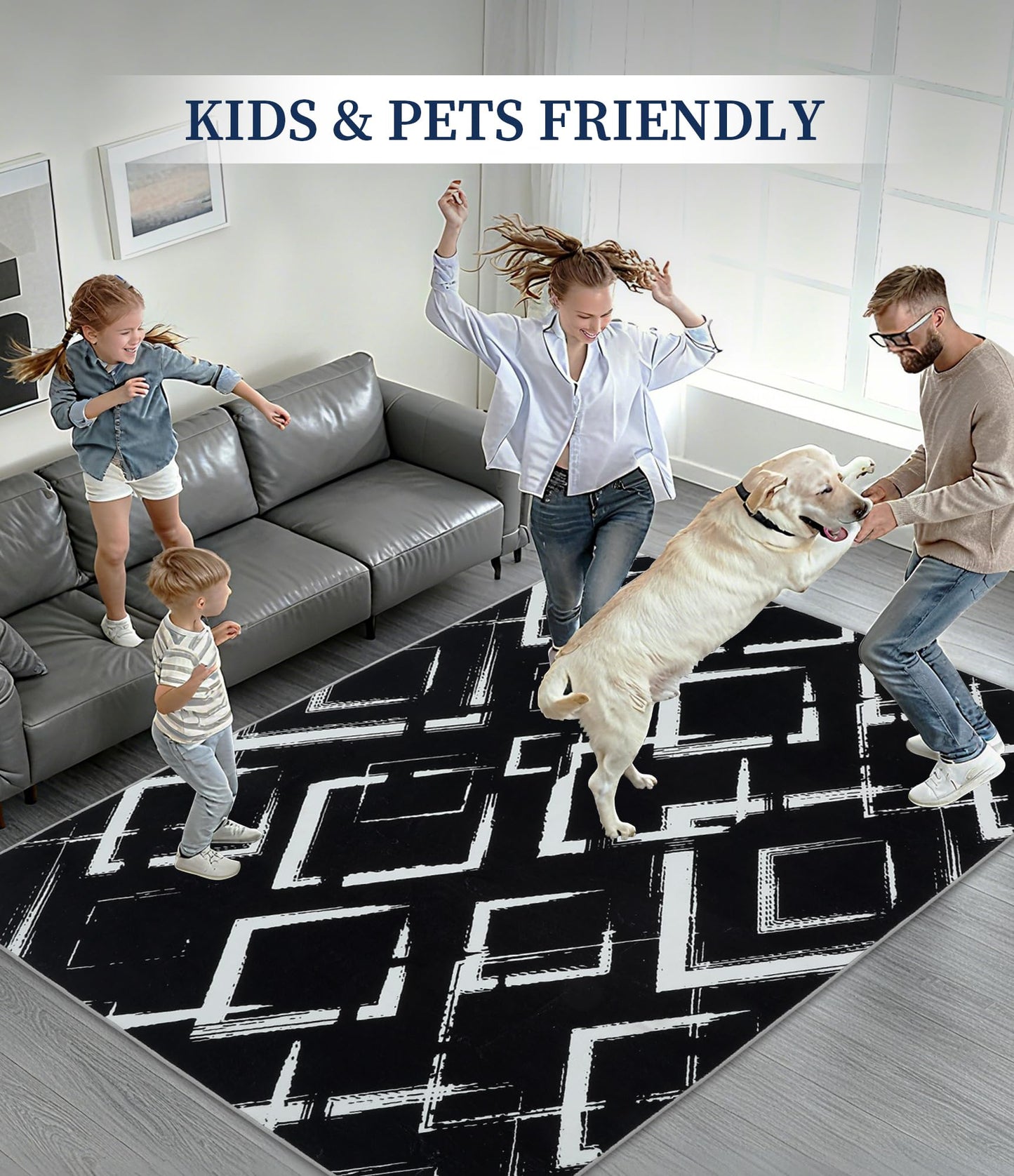 YIHOUSE Black Modern Geometric Area Rug 9x12, Black and White Rug with Abstract Diamond Patterns,Non-Shedding Washable Rugs for Bedroom, Home Office and Living Room