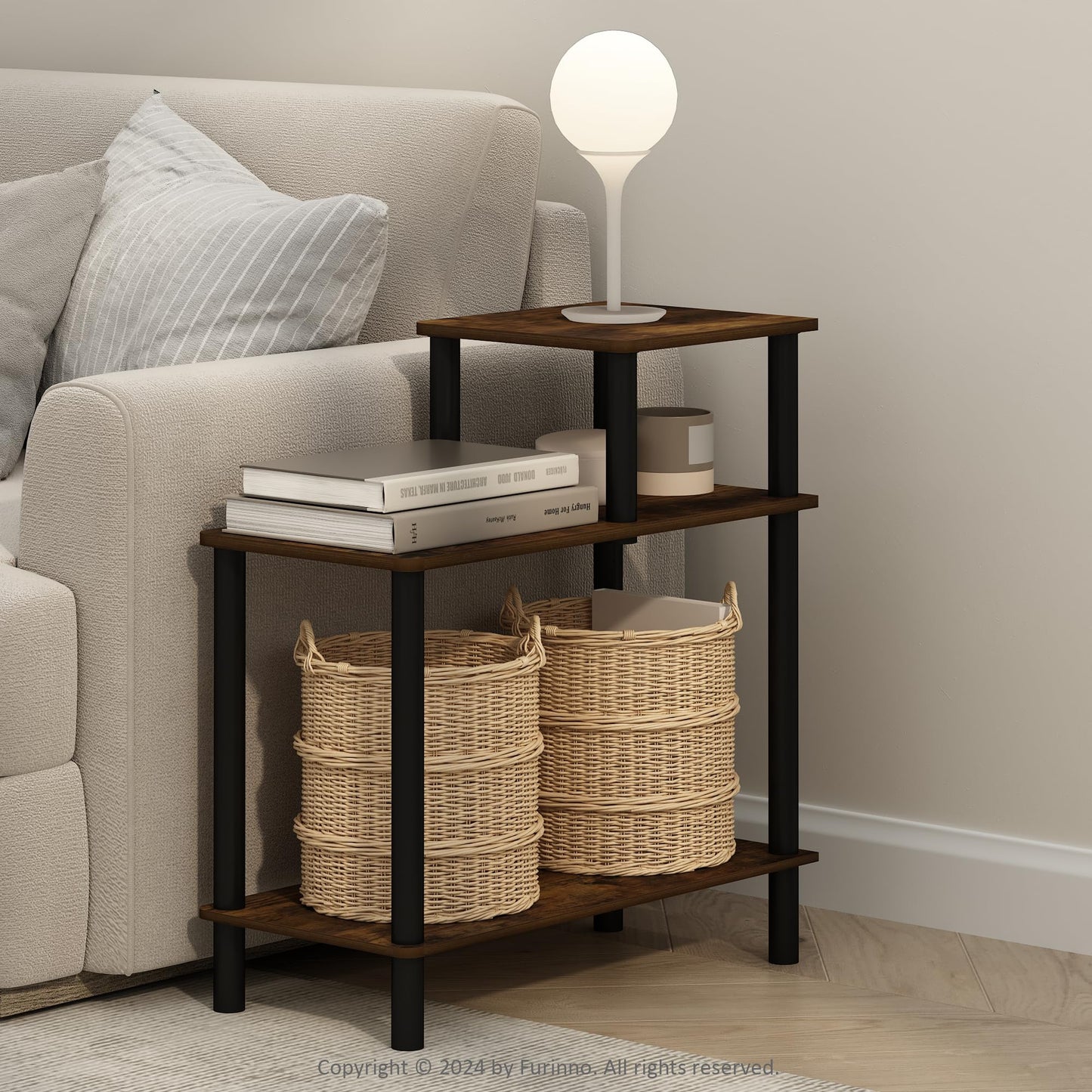 Furinno Turn-N-Tube Side Table, 3-Tier Rectangle Sofa End Table with Open Shelf, Toolless Assembly Night Stand, Bedside Table, for Living Room, Bedroom, Amber Oak