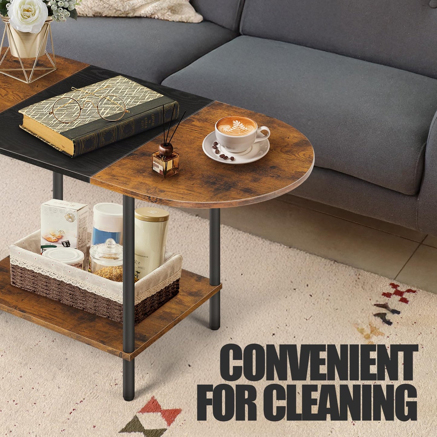 KANEODOT Small Coffee Tables for Living Room,Mid Century Oval Center Table with Storage Shelf and Wood Tabletop,2-Tier Farmhouse Narrow Cocktail Tea Table for Small Space,Apartment,Rustic Brown