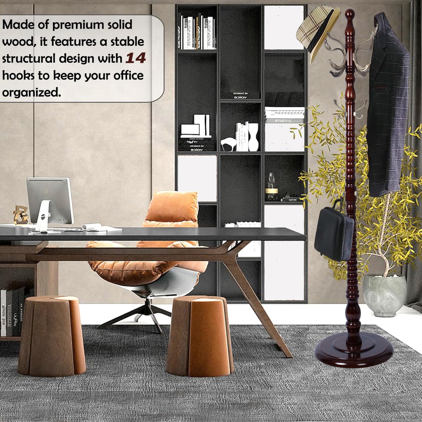 Sauqzoh Coat Racks Free Standing with 14 Hooks, Natural Wood Coat Stands for Entryway, Adjustable Height 73 in Tree Coat Rack Stand for Hallway Home Office Bedroom (Mahogany metal)