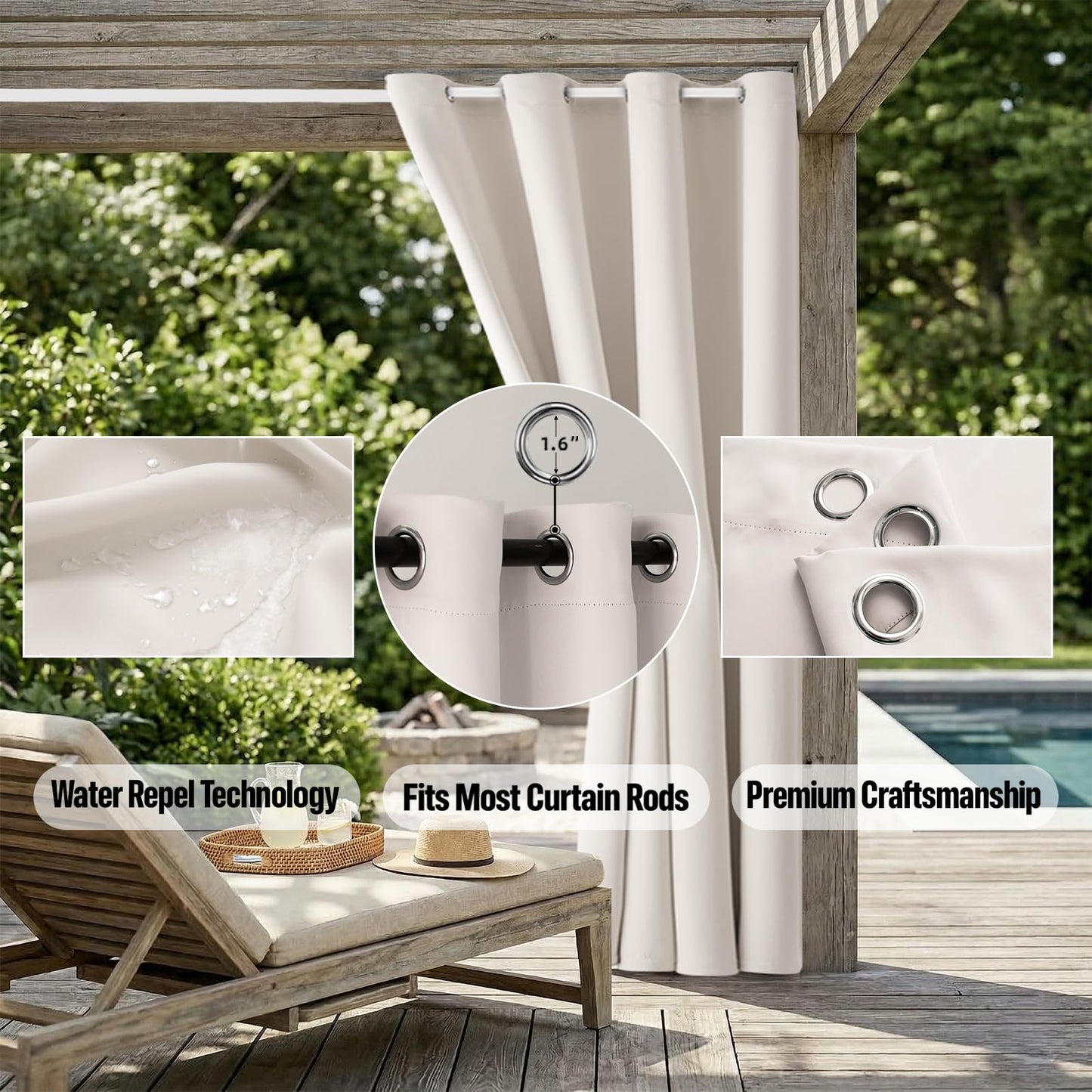DIVA EN CAMINO DEC Outdoor Patio Curtain Waterproof Darkening Thermal Insulated Indoor Curtains for Bedroom, Porch, Living Room, Pergola, Cabana, W84 x L95, Cream, Set of 2 Panels