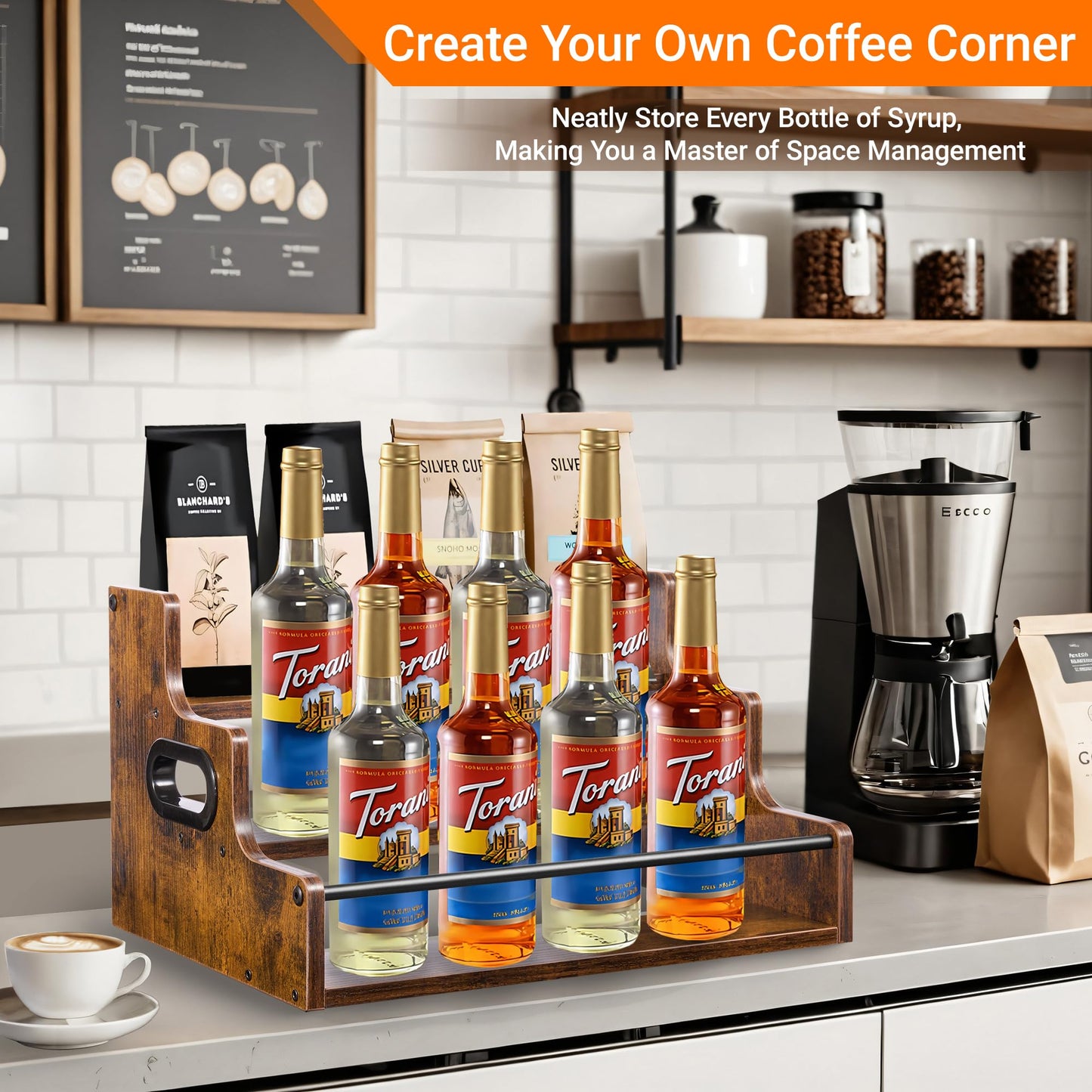 YQBRAO Liquor Bottle Display Shelf, 3-Tier Bar Shelves for Liquor Whiskey, Spirits, Coffee Syrup Rack Organizer with Handles & Metal Guardrail, Bar Bottle Stand for Home, Kitchen, Cafe