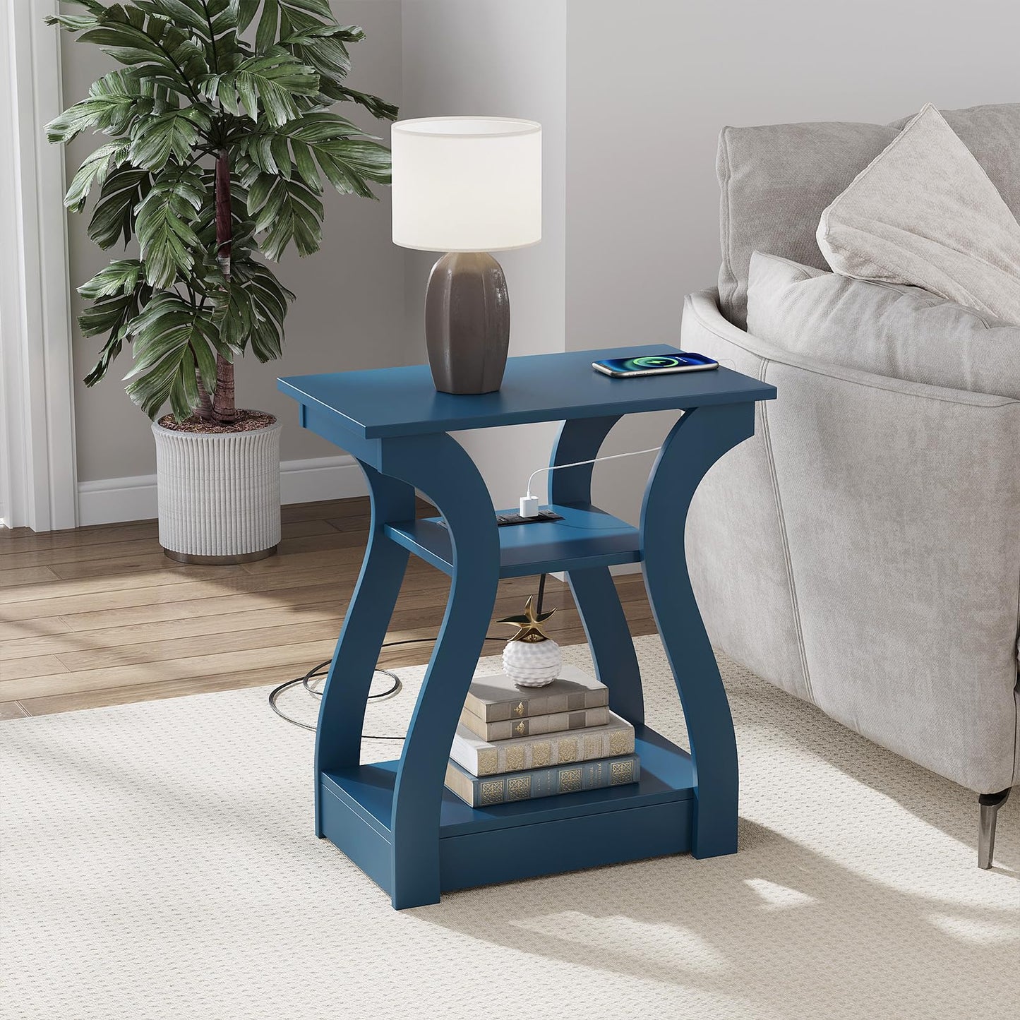 FROMJBEST End Tables Living Room, End Table end Table with Charging Station and USB,Navy Blue Side Table, Nightstand for Bedroom,3 Tier End Table with Storage Shelf for Living Room