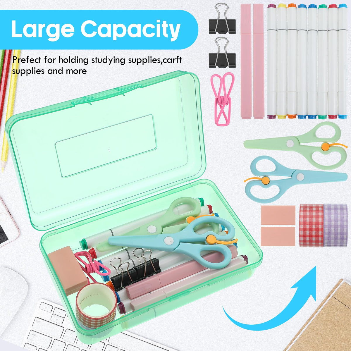Fainne 24 Pack Pencil Boxes for School Clear Plastic Pencil Case Large Plastic Crayon Box Stackable Classroom Stationery Organizer School Supplies (Light Pink, Light Blue,Mint Green)