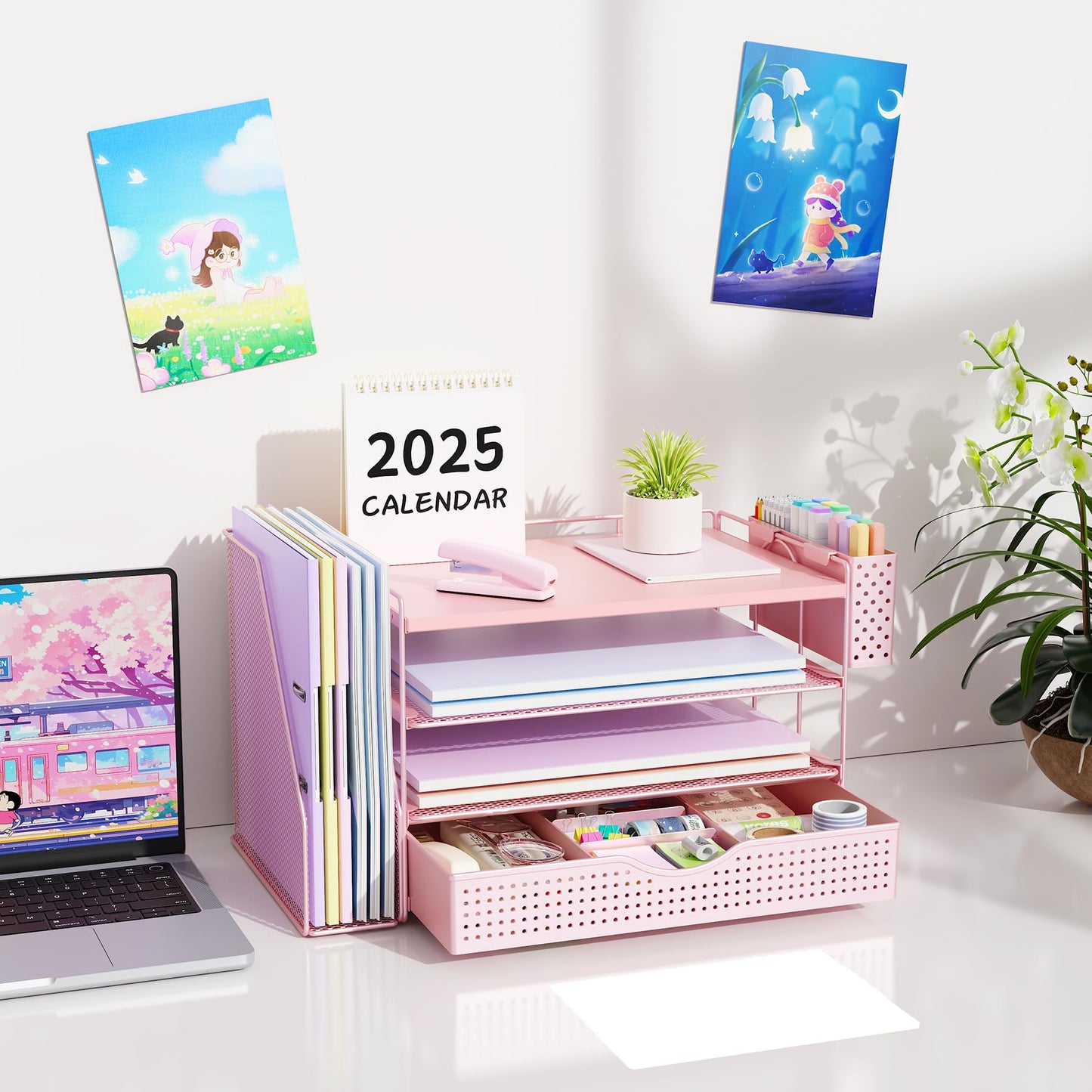 gianotter Wood Desk Organizers and Accessories with File Holder, 4-Tier Desk Accessories & Workspace Organizers with Drawer and Pen Holder, Desk Reference Organizer (Pink, 4T with Drawer)