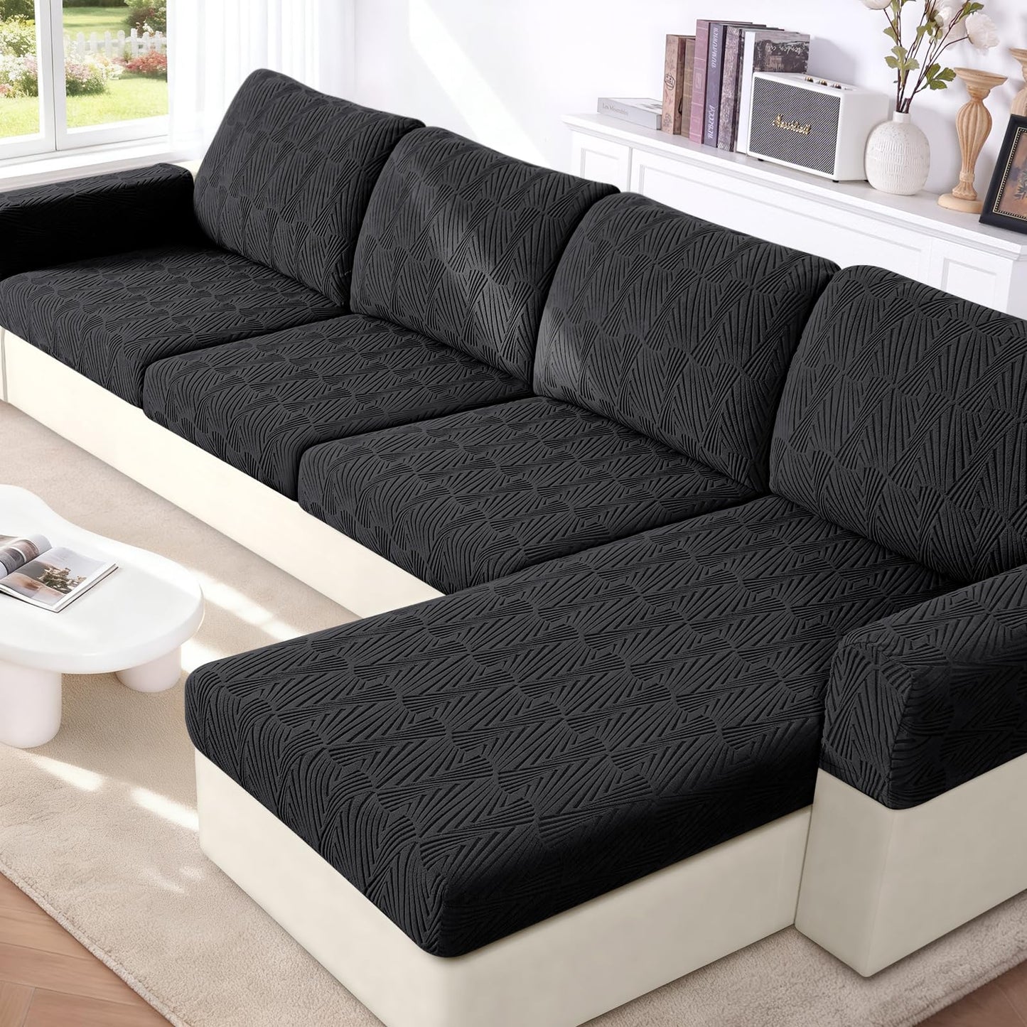 VANSOFY Couch Cushion Covers for Sectional Sofa, Stretch Jacquard Couch Seat Cushion Covers, Individual Washable Furniture Protector Sofa Slipcovers for Pet (3Pc Seater or Back Cover, Black)