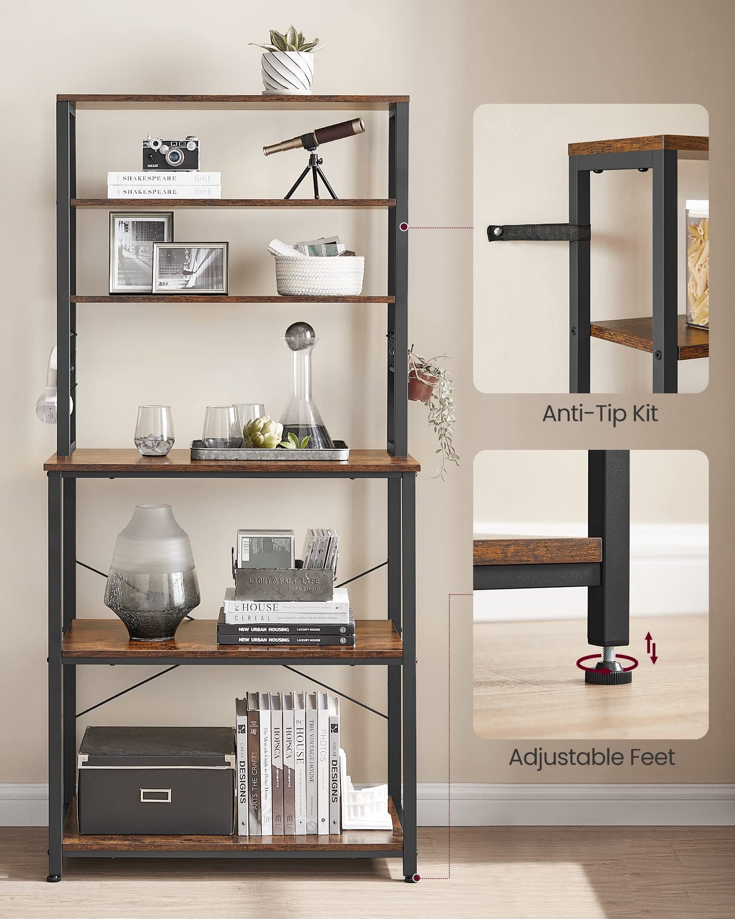 VASAGLE Coffee Bar, 31.5 Inches Baker's Rack for Kitchen with Storage, 6-Tier Kitchen Shelves with 6 Hooks, Microwave Stand, Industrial, Rustic Brown and Ink Black UKKS019B01