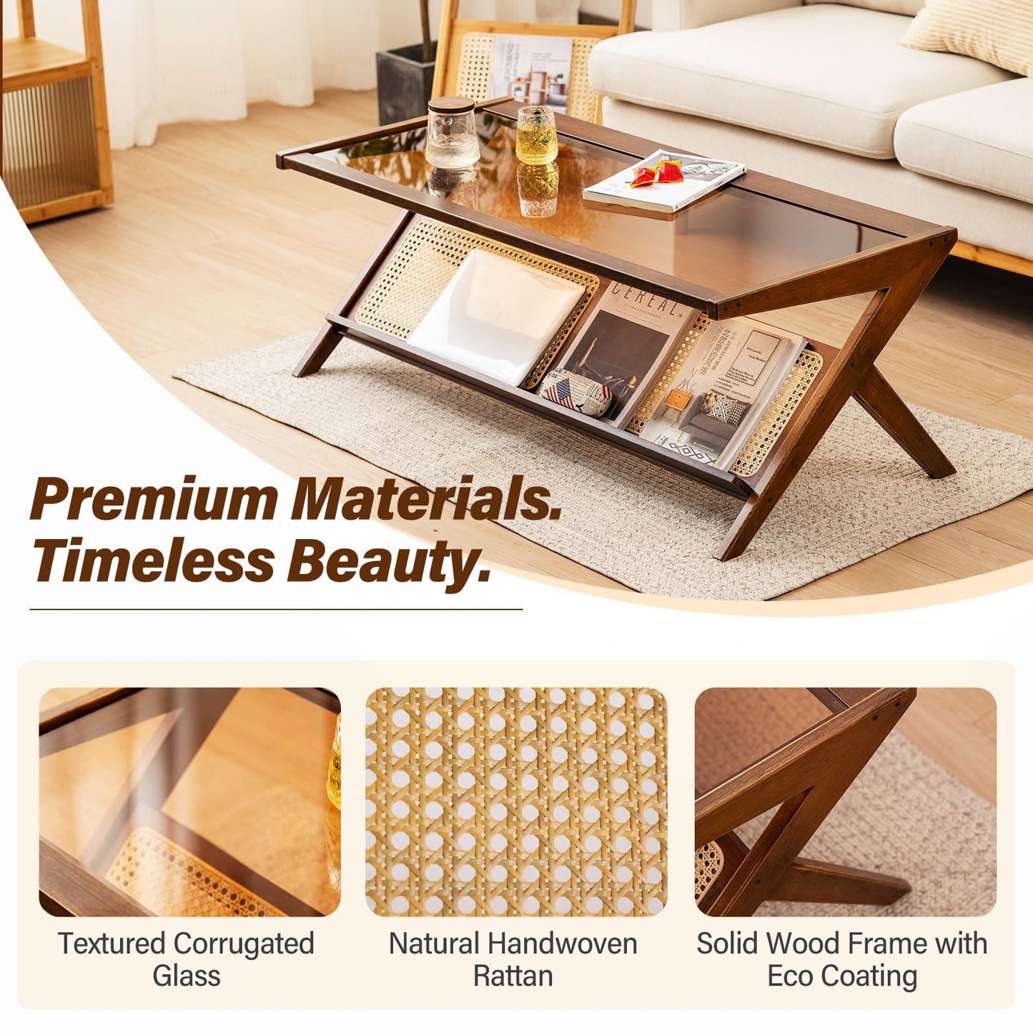 Tiita Rattan Coffee Table, Bamboo Accent Bedside Tables, Glass Nightstand Side Table, Boho Wooden End Table with Storage for Living Room,Living Room, Dining Room, Tea, Home Décor