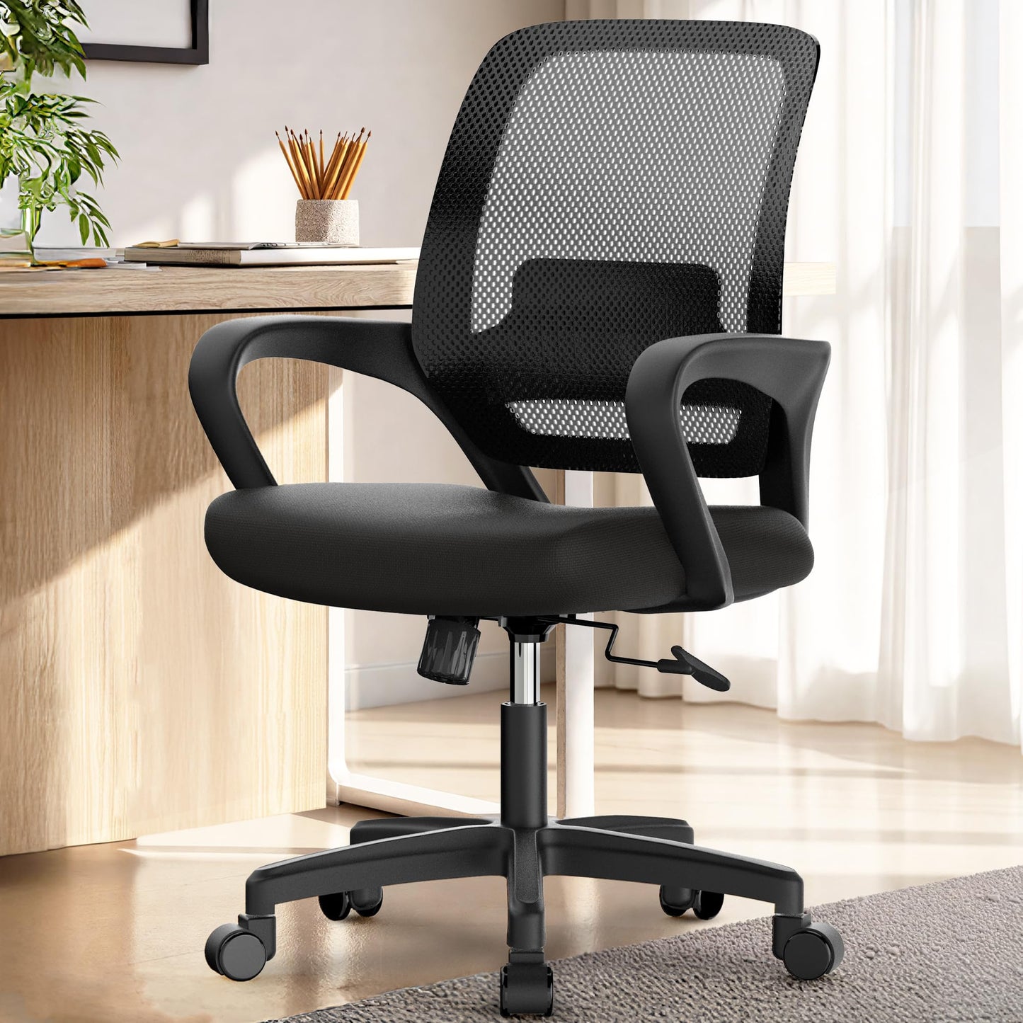 NEO Chair Office Desk Ergonomic Computer Mesh Chair with Lumbar Mid Back Support Adjustable Height Swivel Rolling Wheels Comfy Task Vanity Chair for Home Bedroom Study (All Black)