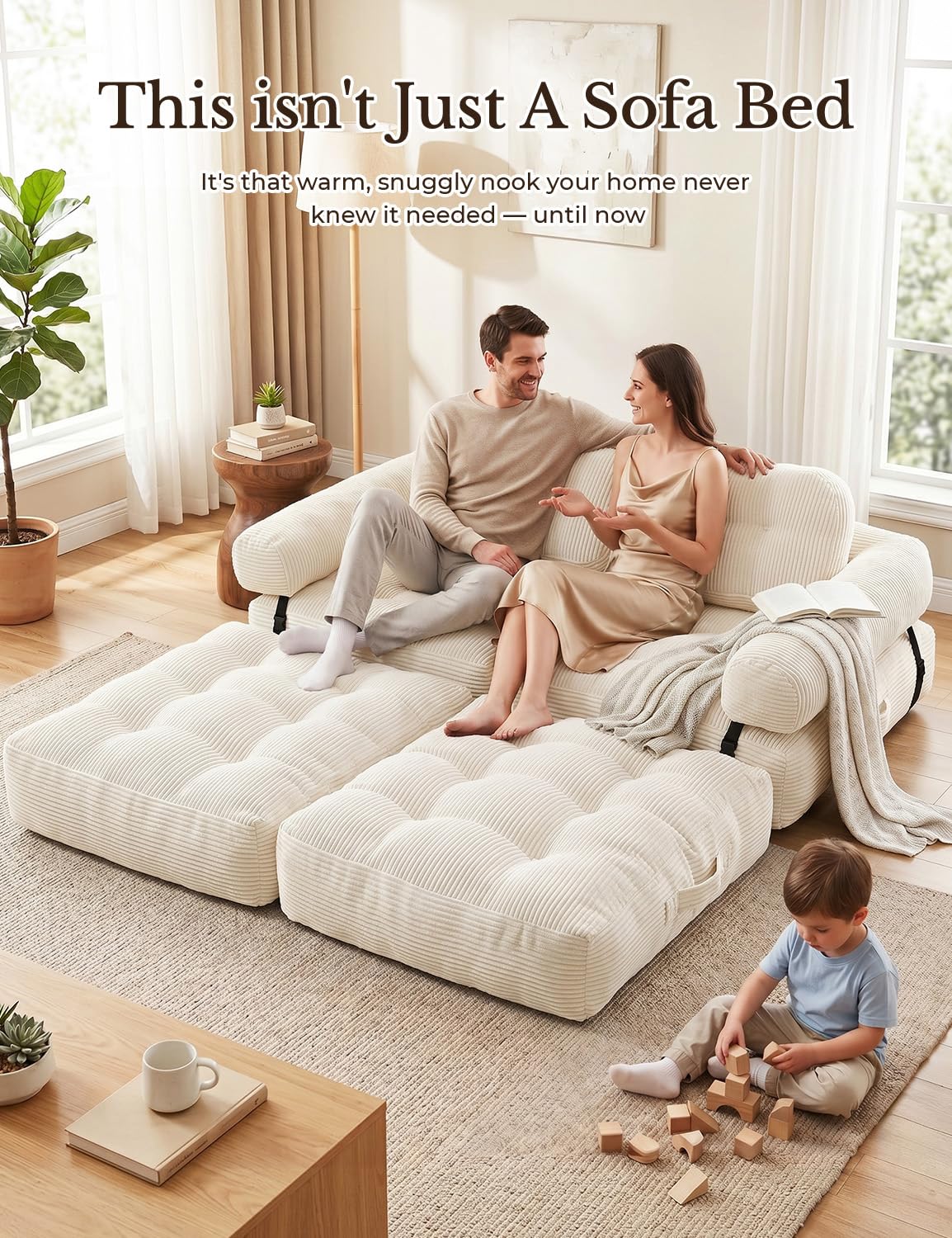 Vellorise Folding Sofa Bed, L-Shaped Couch Back Support and Arm Pillow Futon, Convertible Sofa Bed for Living Room/Guest Use/Home Office, Boneless Foldable Couch for Adults, White