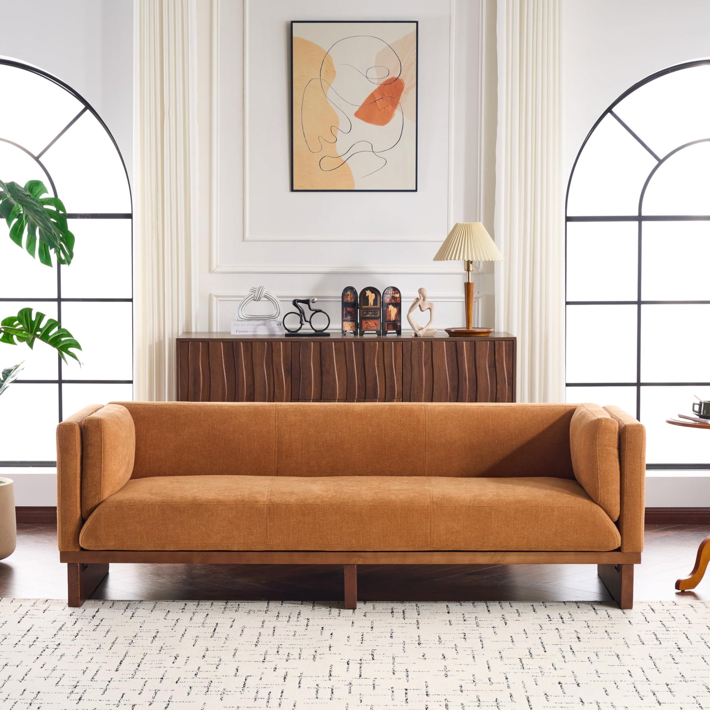 Christopher Knight Home 87" Recessed Modern Sofa Couch, 3 Seater Deep Seat Upholstered Polyester Fabric Sofa with Straight Back, Arms & Solid Wood Frame, Accent Sofa for Living Room Bedroom, Caramel