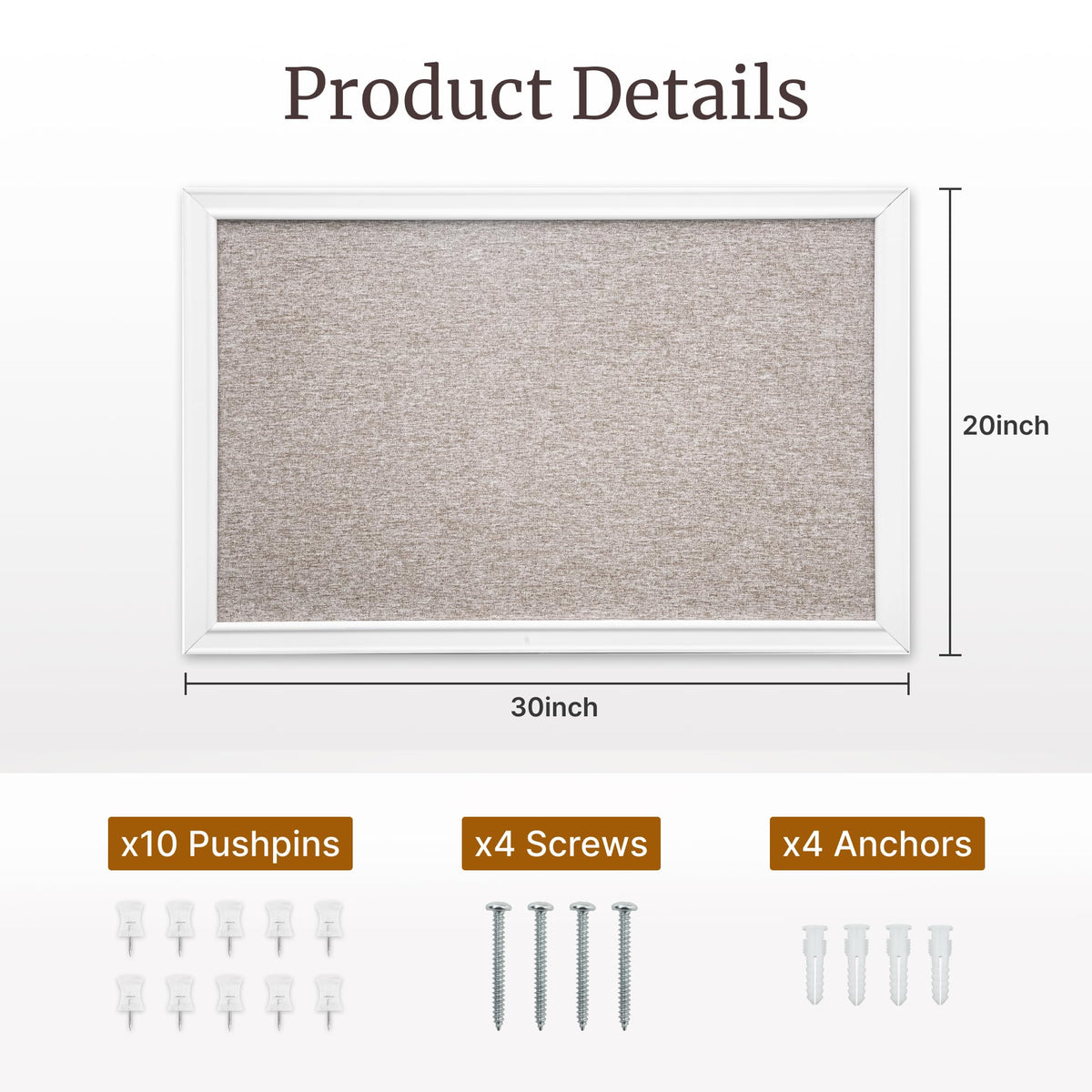 VUSIGN Linen Bulletin Board, 30'' x 20'' Large White Cork Board Decorations, Wall Mounted White Framed Cork Boards, Fabric Pin Boards for Walls with 10 Pushpins for Home, School, Office